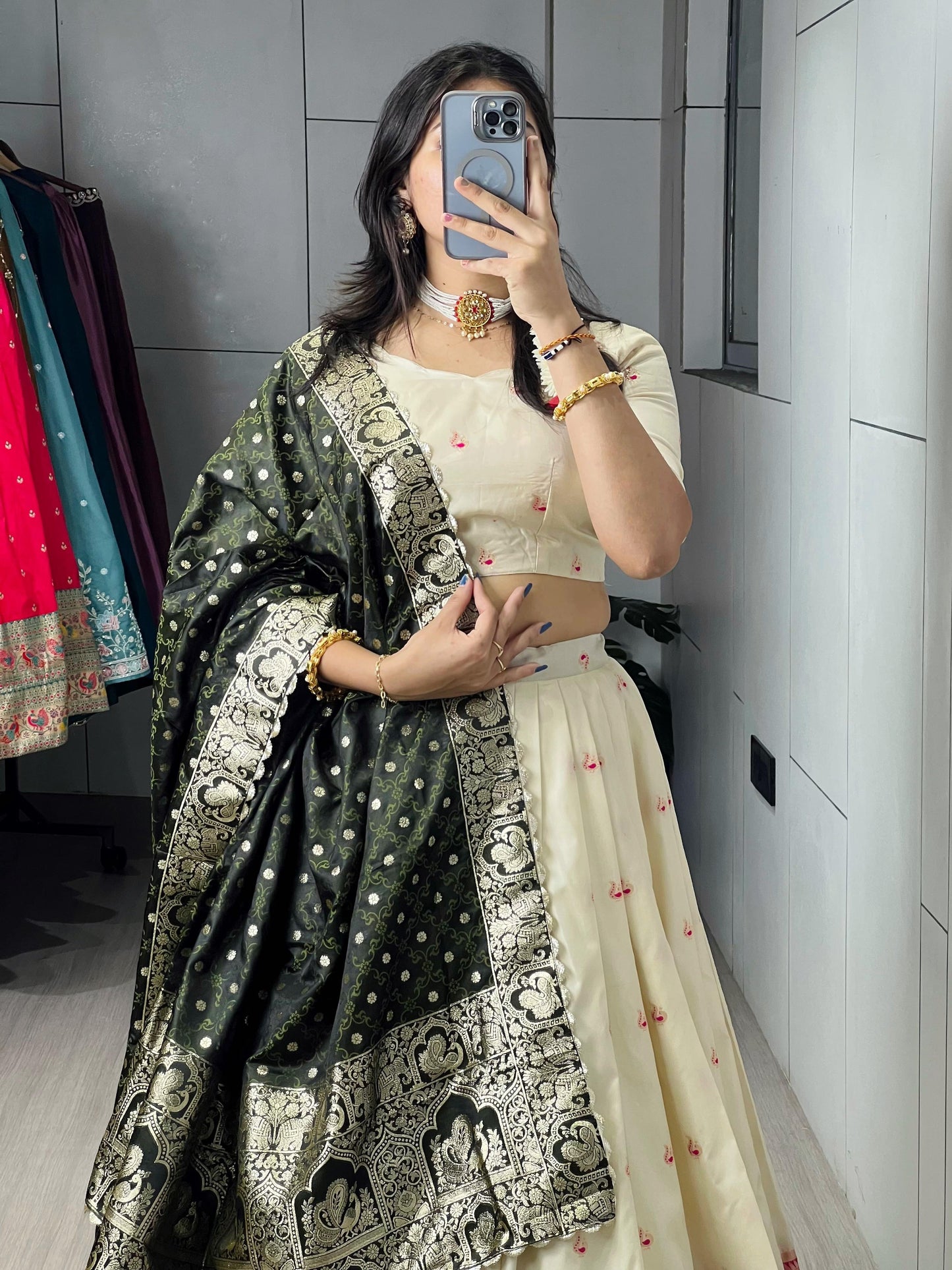 Spectacular Cream Paithani Silk Lehenga With Green Dupatta