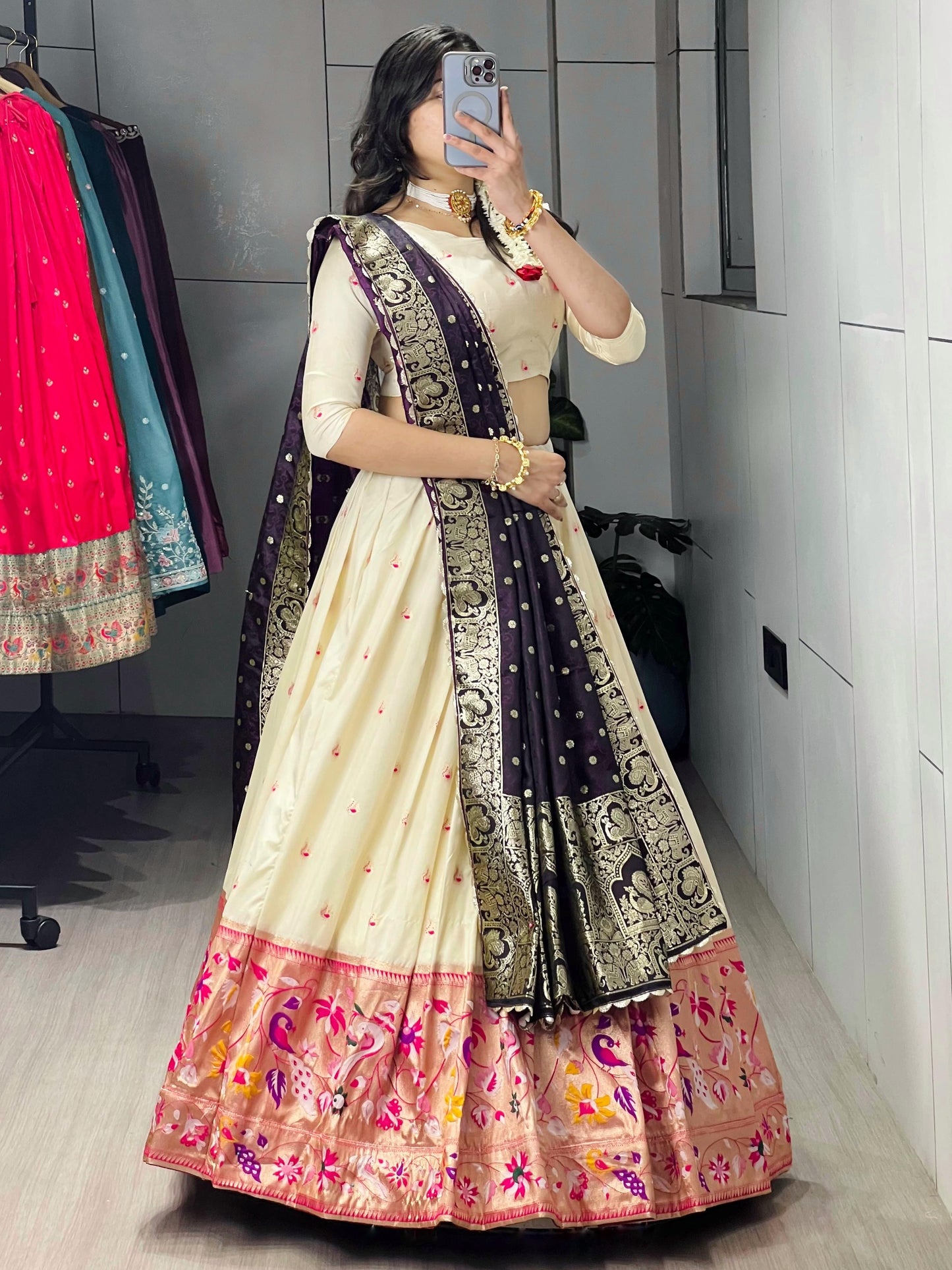 Pretty Cream Paithani Silk Lehenga With Dark Purple Dupatta