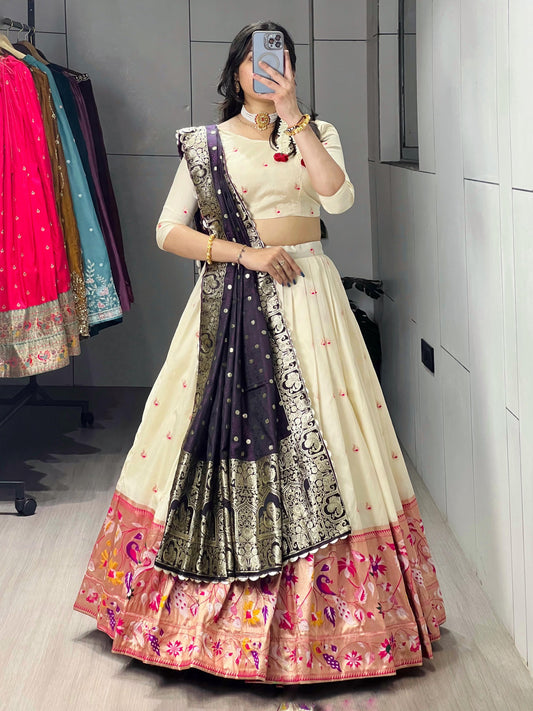 Pretty Cream Paithani Silk Lehenga With Dark Purple Dupatta