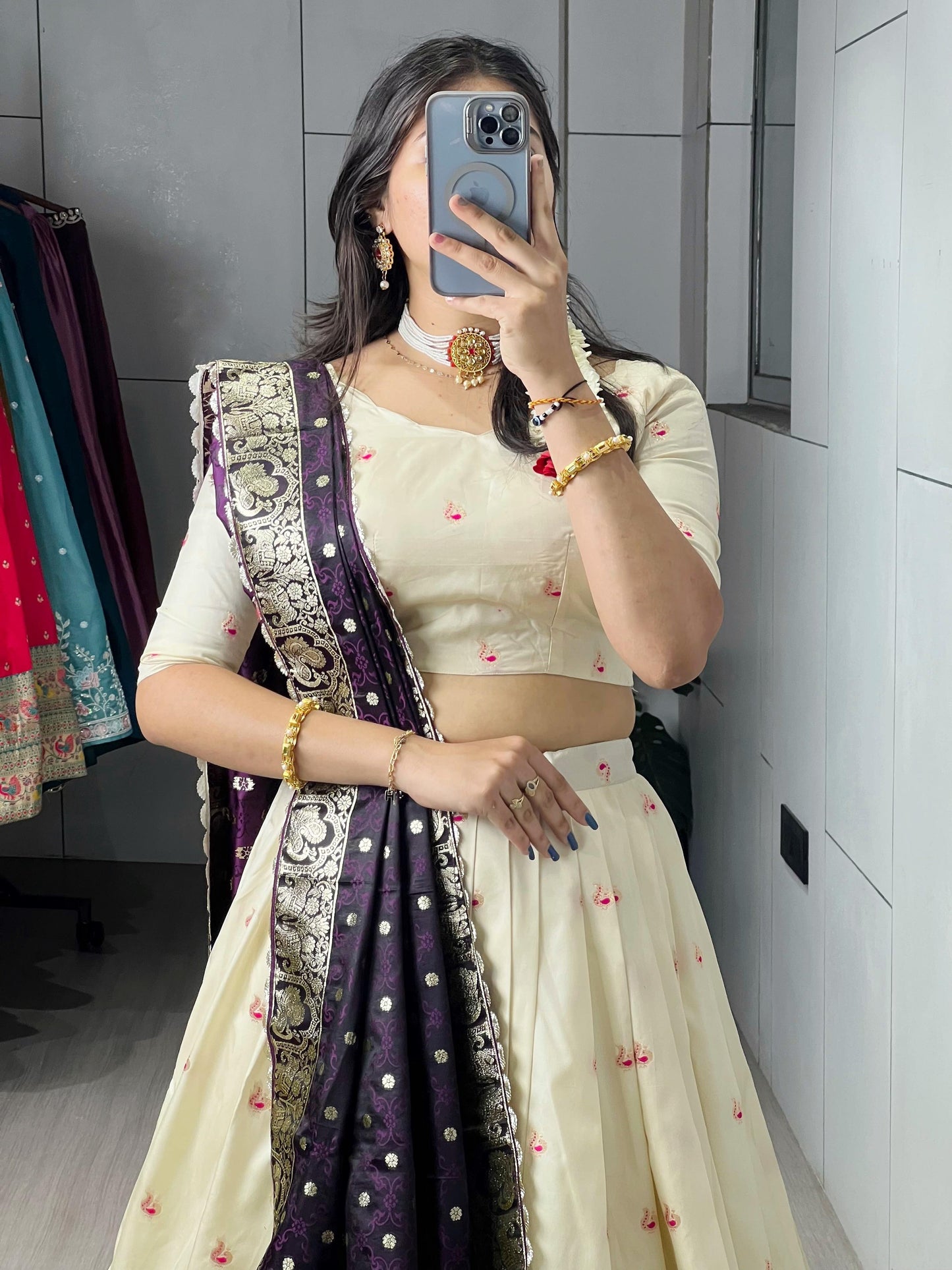Pretty Cream Paithani Silk Lehenga With Dark Purple Dupatta