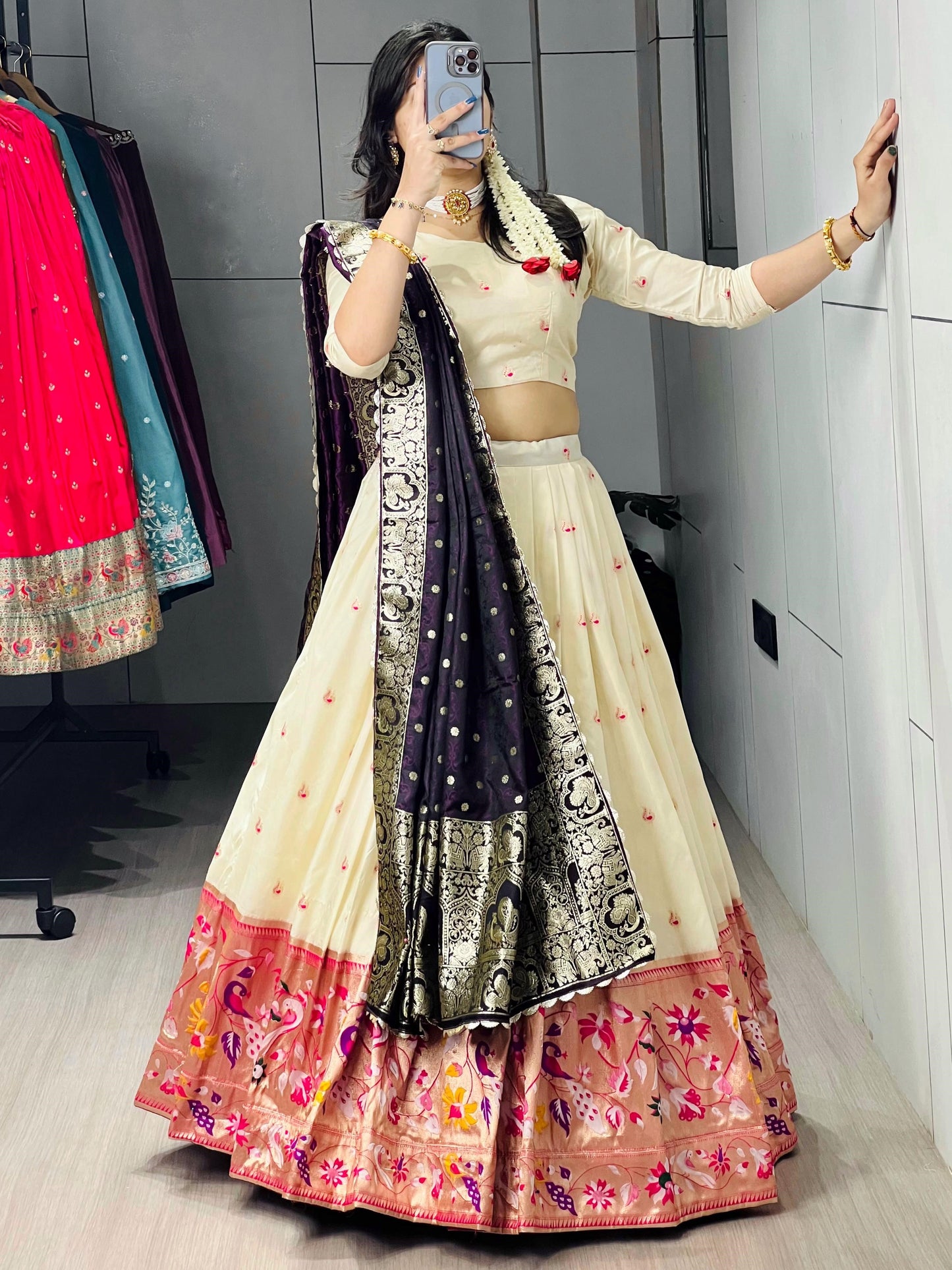 Pretty Cream Paithani Silk Lehenga With Dark Purple Dupatta