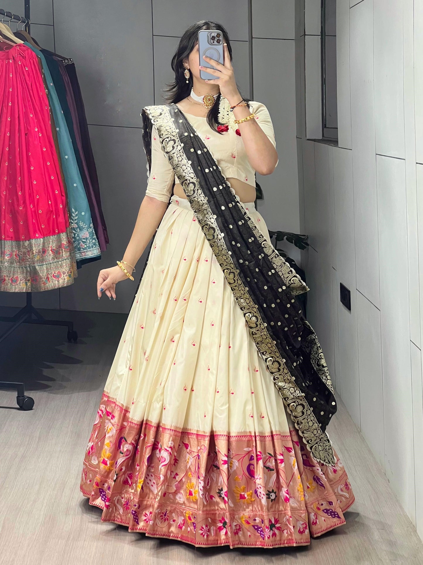 Fantastic Cream Paithani Silk Reception Lehenga Choli