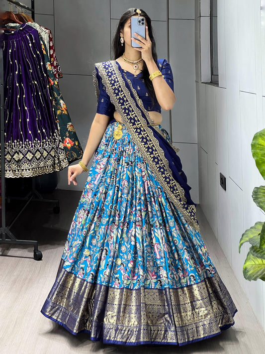 Attractive Blue Digital Printed Dola Silk Navratri Lehenga Choli
