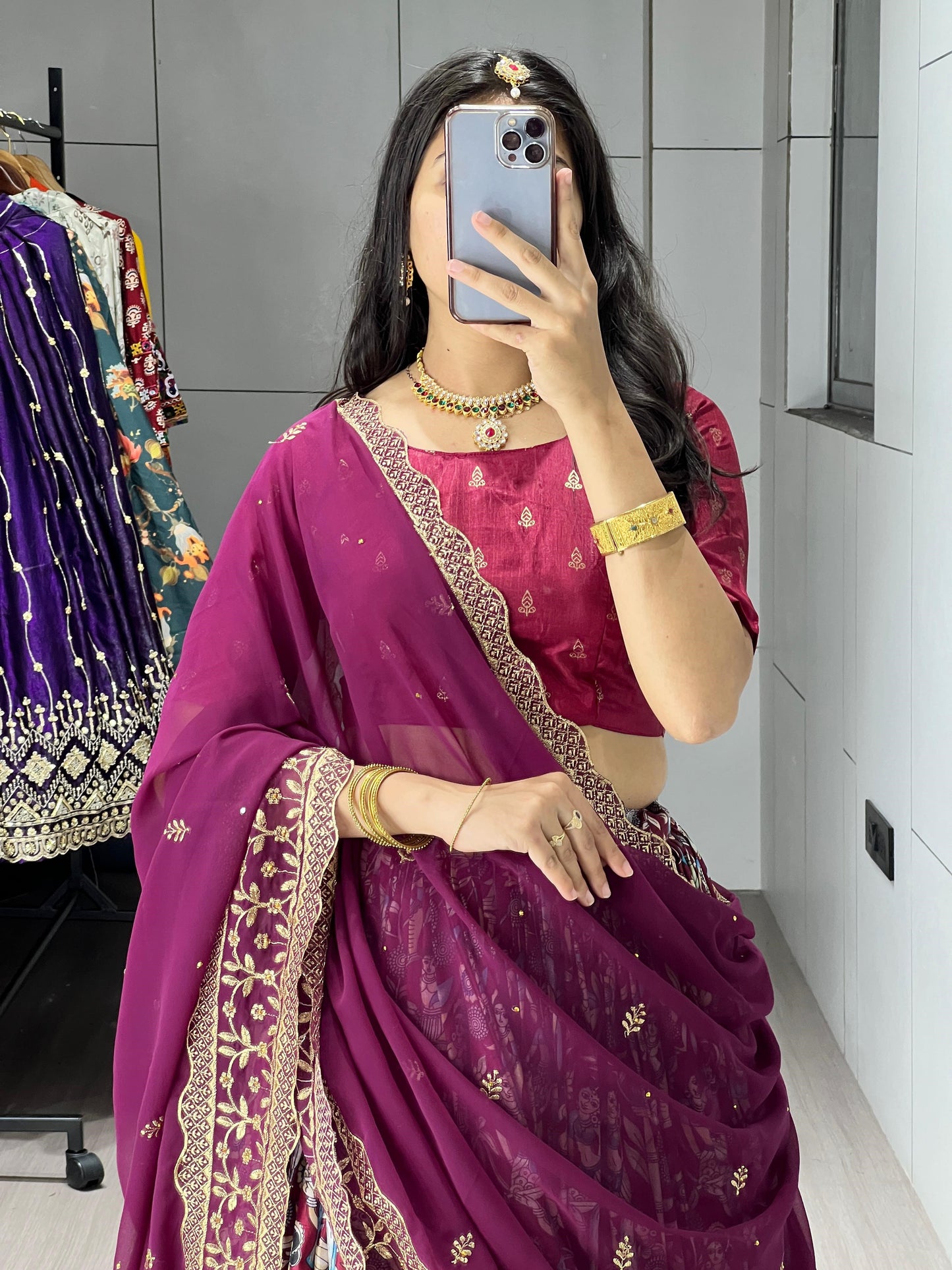 Spectacular Maroon Digital Printed Dola Silk Lehenga Choli