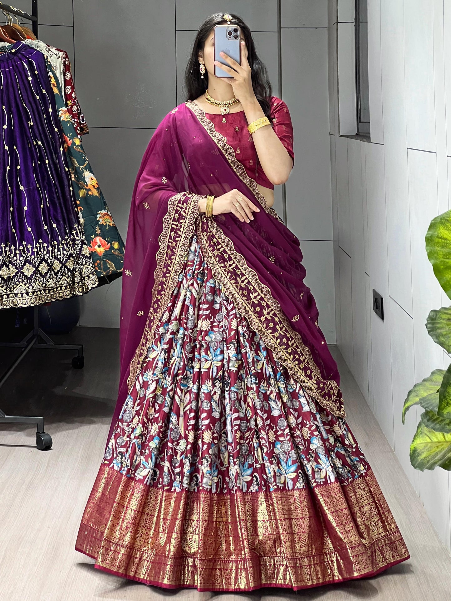 Spectacular Maroon Digital Printed Dola Silk Lehenga Choli