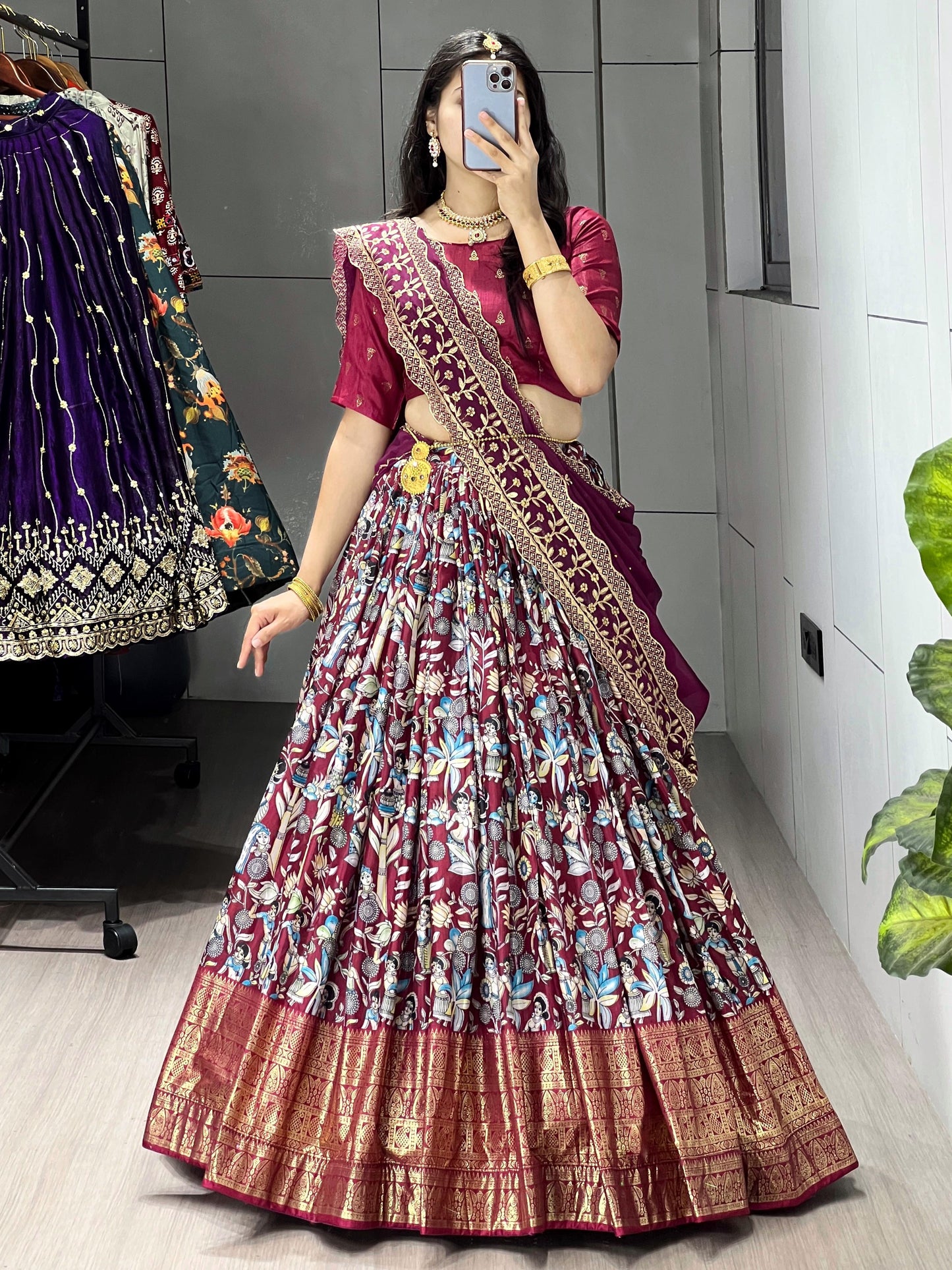 Spectacular Maroon Digital Printed Dola Silk Lehenga Choli