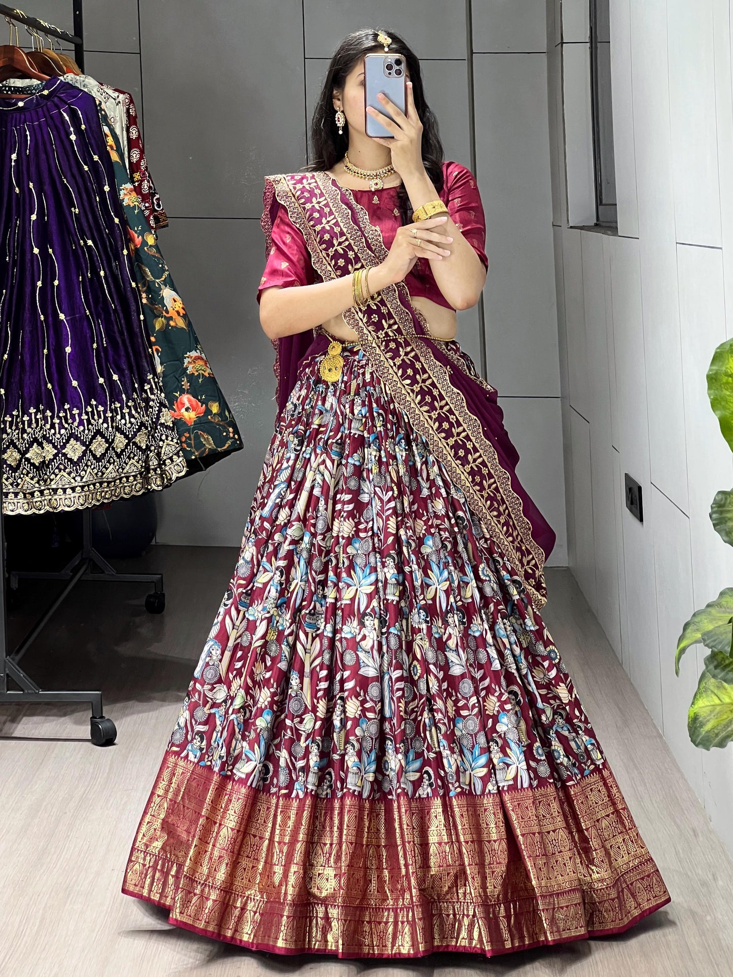 Spectacular Maroon Digital Printed Dola Silk Lehenga Choli