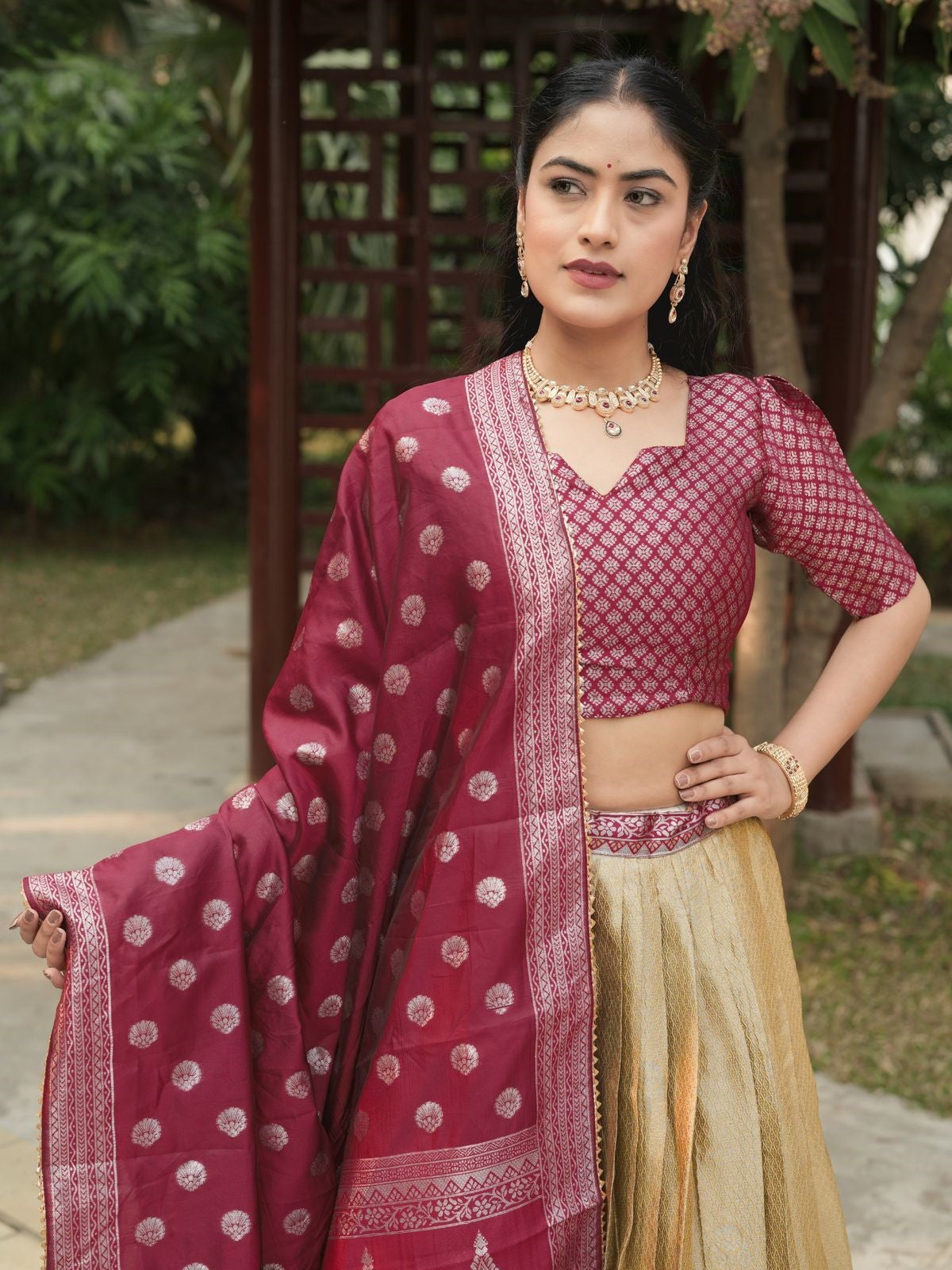 Fantastic Beige Zari Weaving Kanchipuram Silk Lehenga Choli