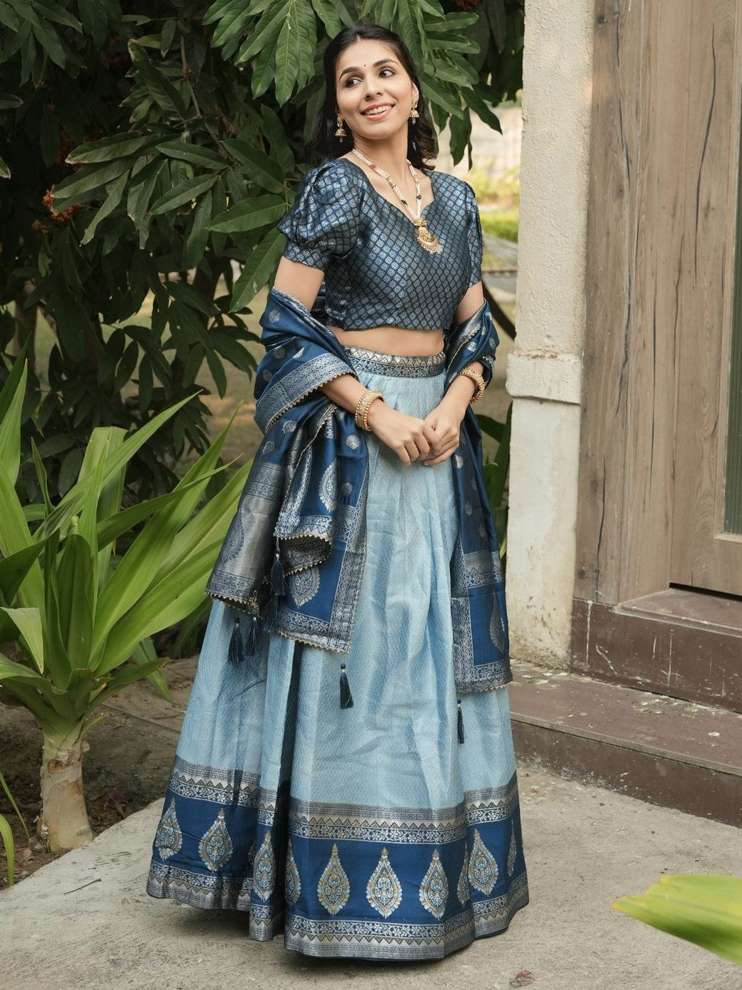 Adorable Sky Blue Zari Weaving Kanchipuram Silk Lehenga Choli