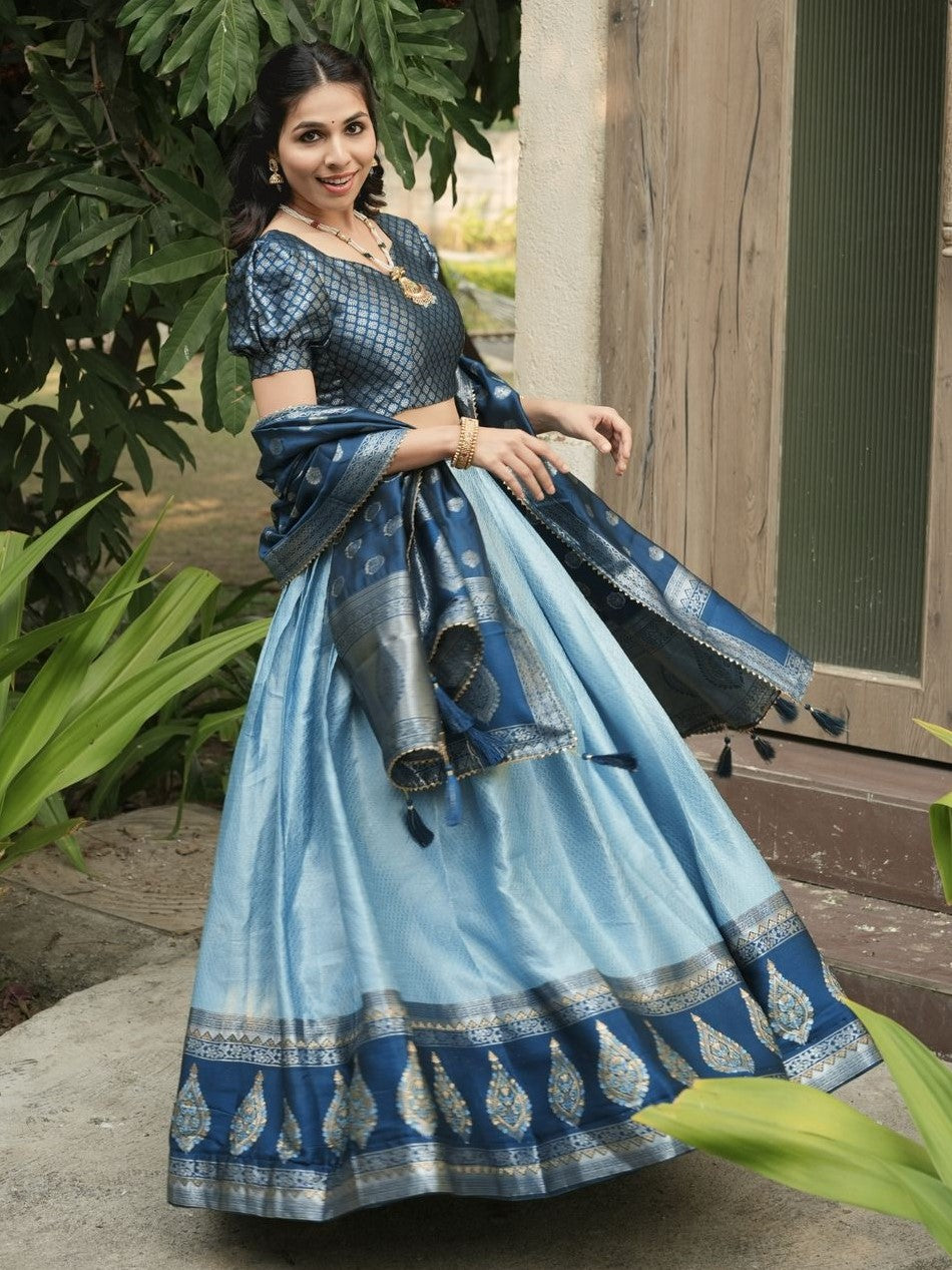Adorable Sky Blue Zari Weaving Kanchipuram Silk Lehenga Choli