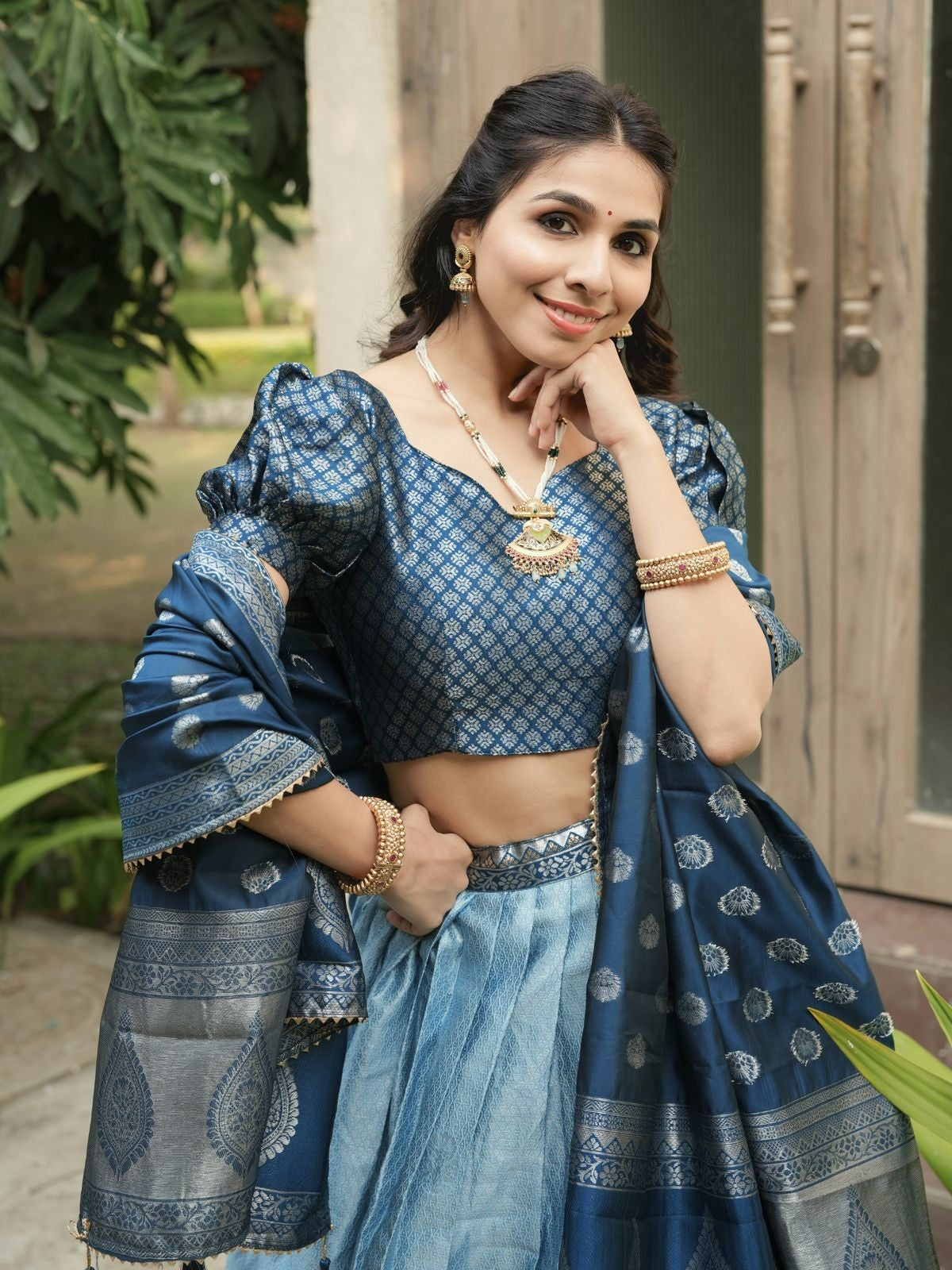 Adorable Sky Blue Zari Weaving Kanchipuram Silk Lehenga Choli