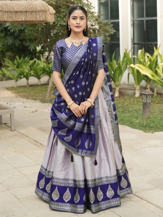 Pretty Lavender Zari Weaving Kanchipuram Silk Lehenga Choli