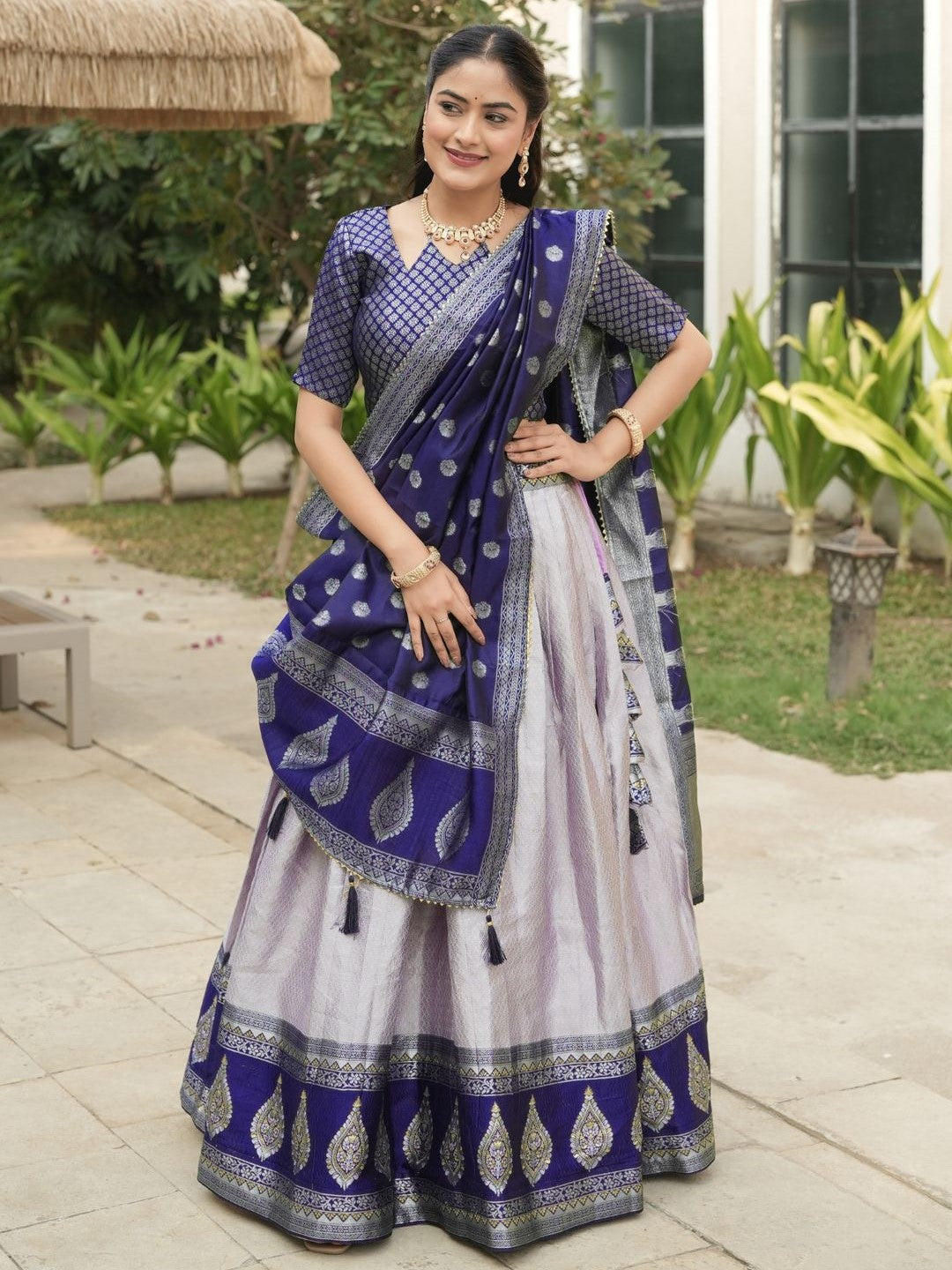 Pretty Lavender Zari Weaving Kanchipuram Silk Lehenga Choli