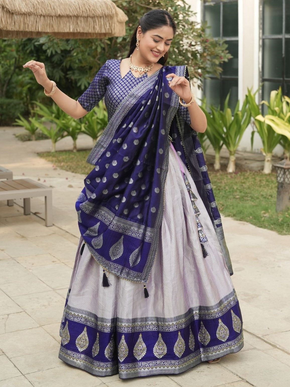Pretty Lavender Zari Weaving Kanchipuram Silk Lehenga Choli