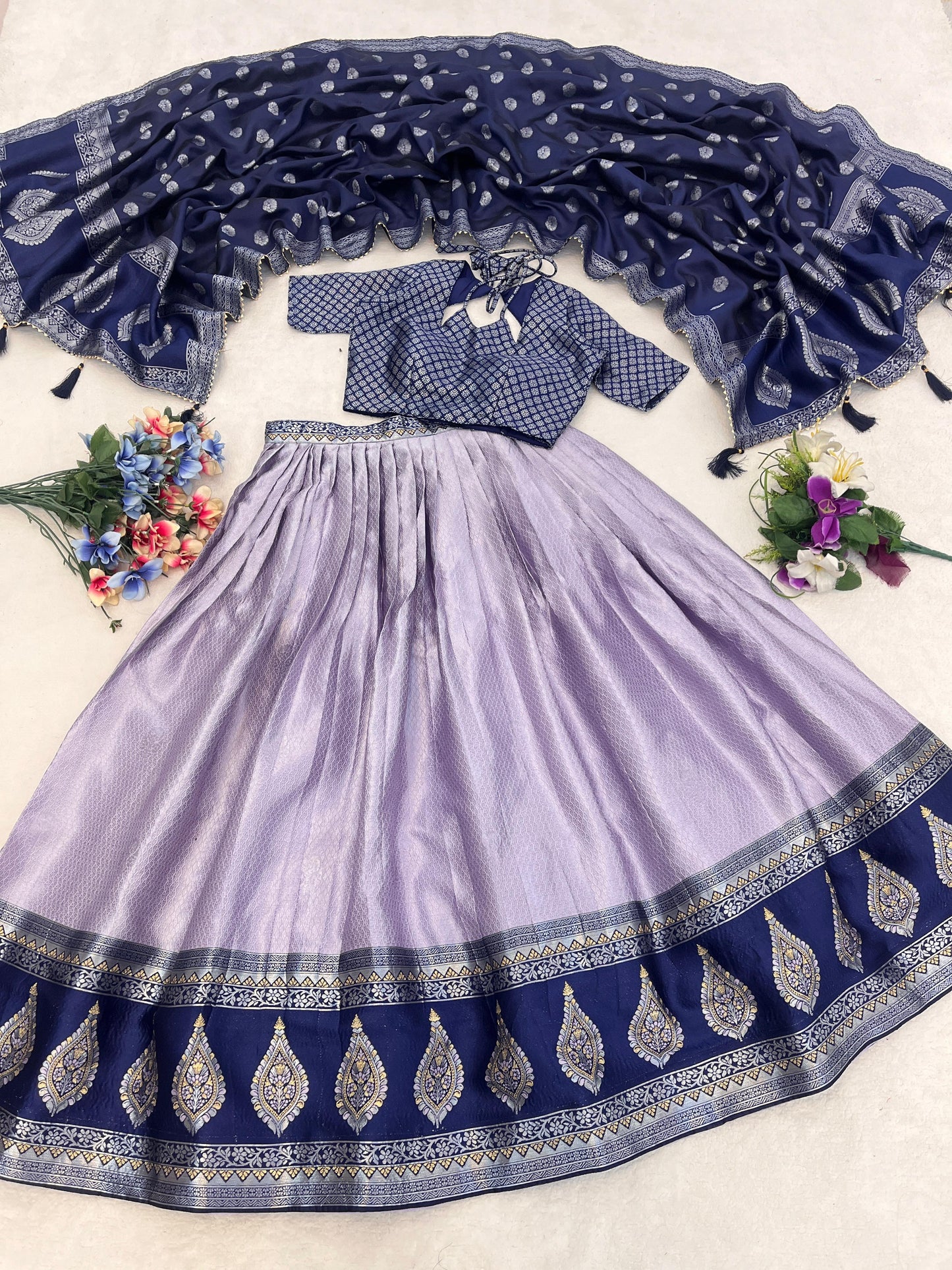 Pretty Lavender Zari Weaving Kanchipuram Silk Lehenga Choli