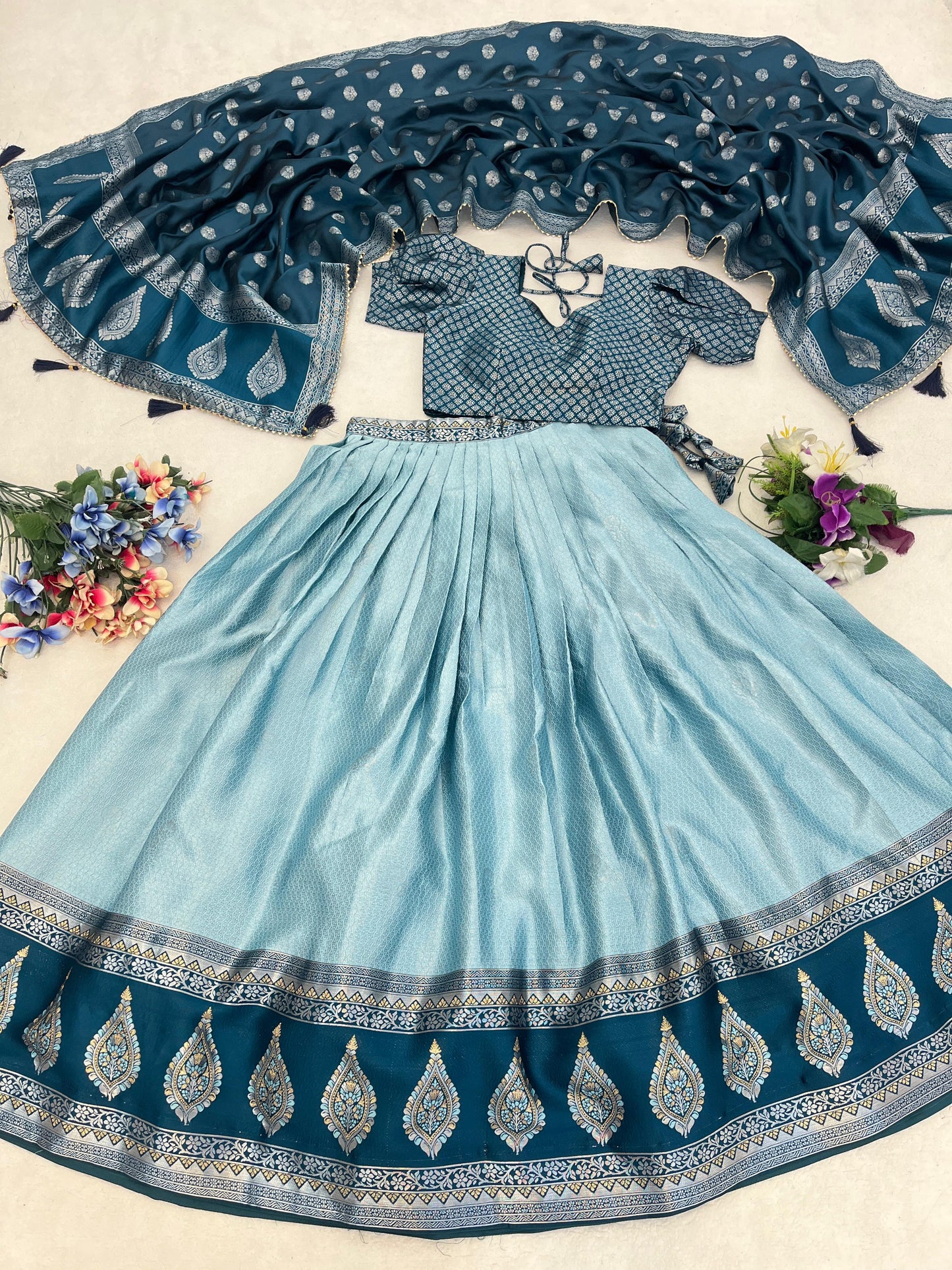 Adorable Sky Blue Zari Weaving Kanchipuram Silk Lehenga Choli