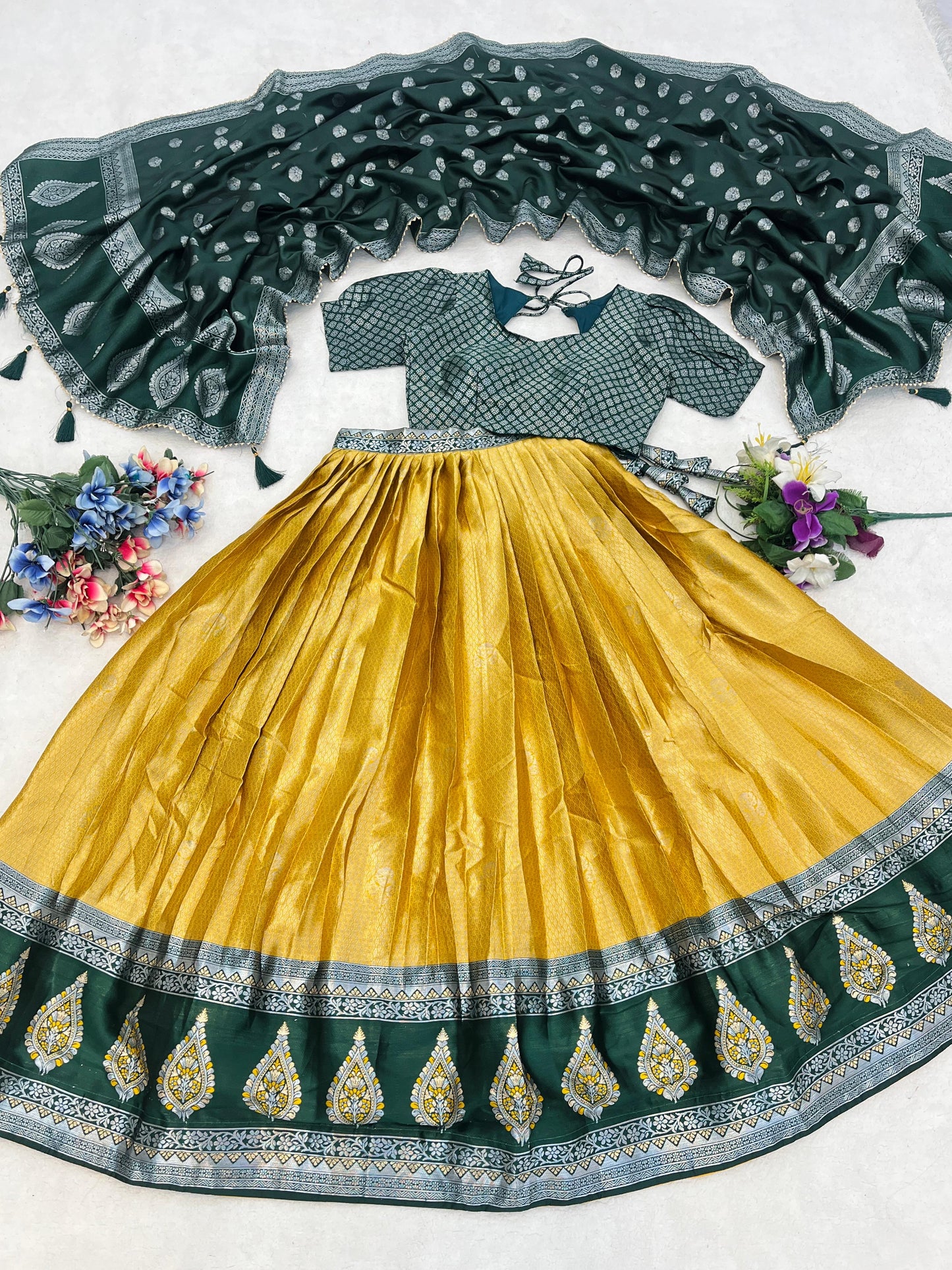 Beautiful Yellow Zari Weaving Kanchipuram Silk Lehenga Choli