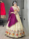 Marvelous Cream Silk Zari Work Lehenga With Purple Dupatta