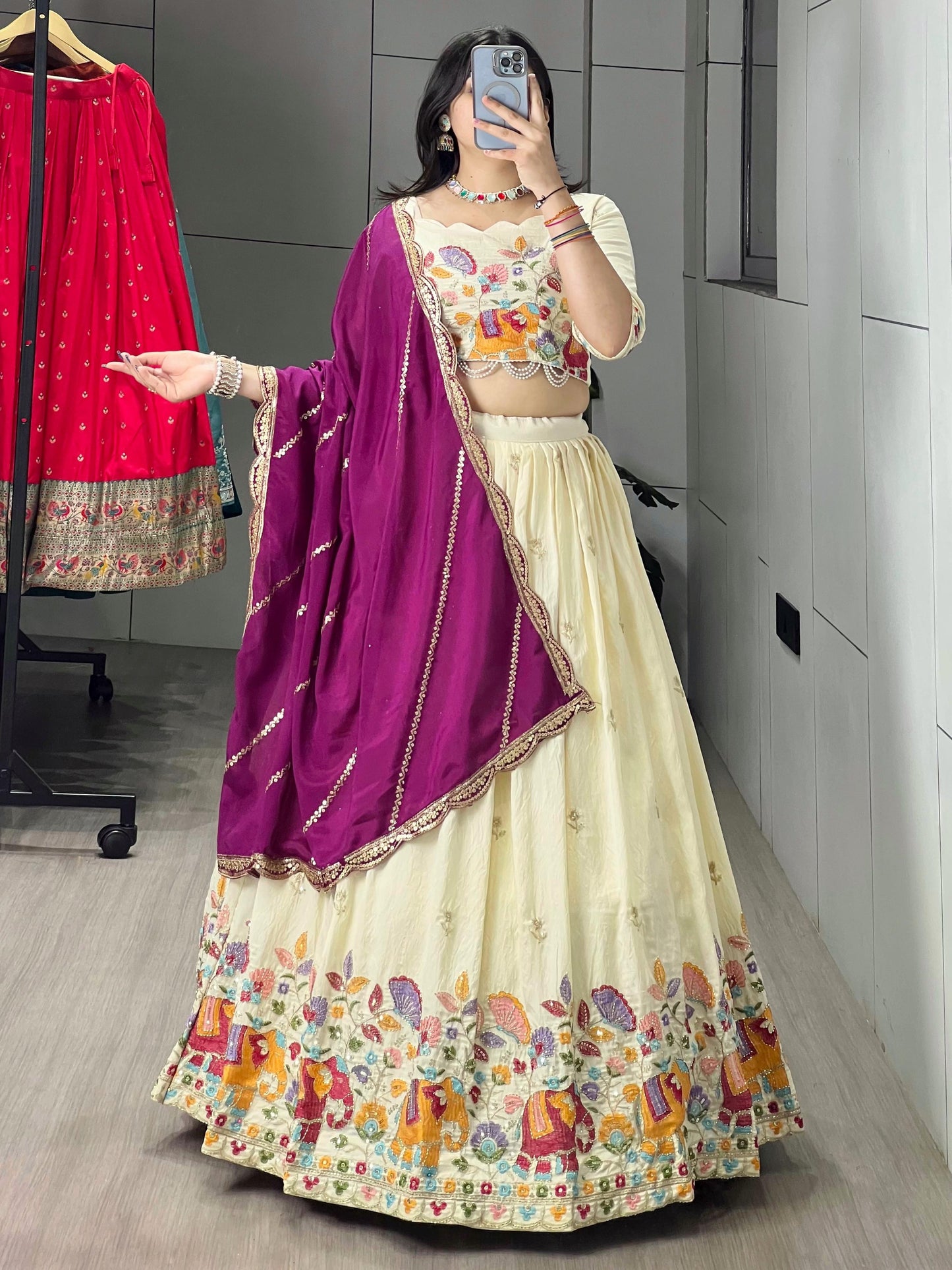 Marvelous Cream Silk Zari Work Lehenga With Purple Dupatta