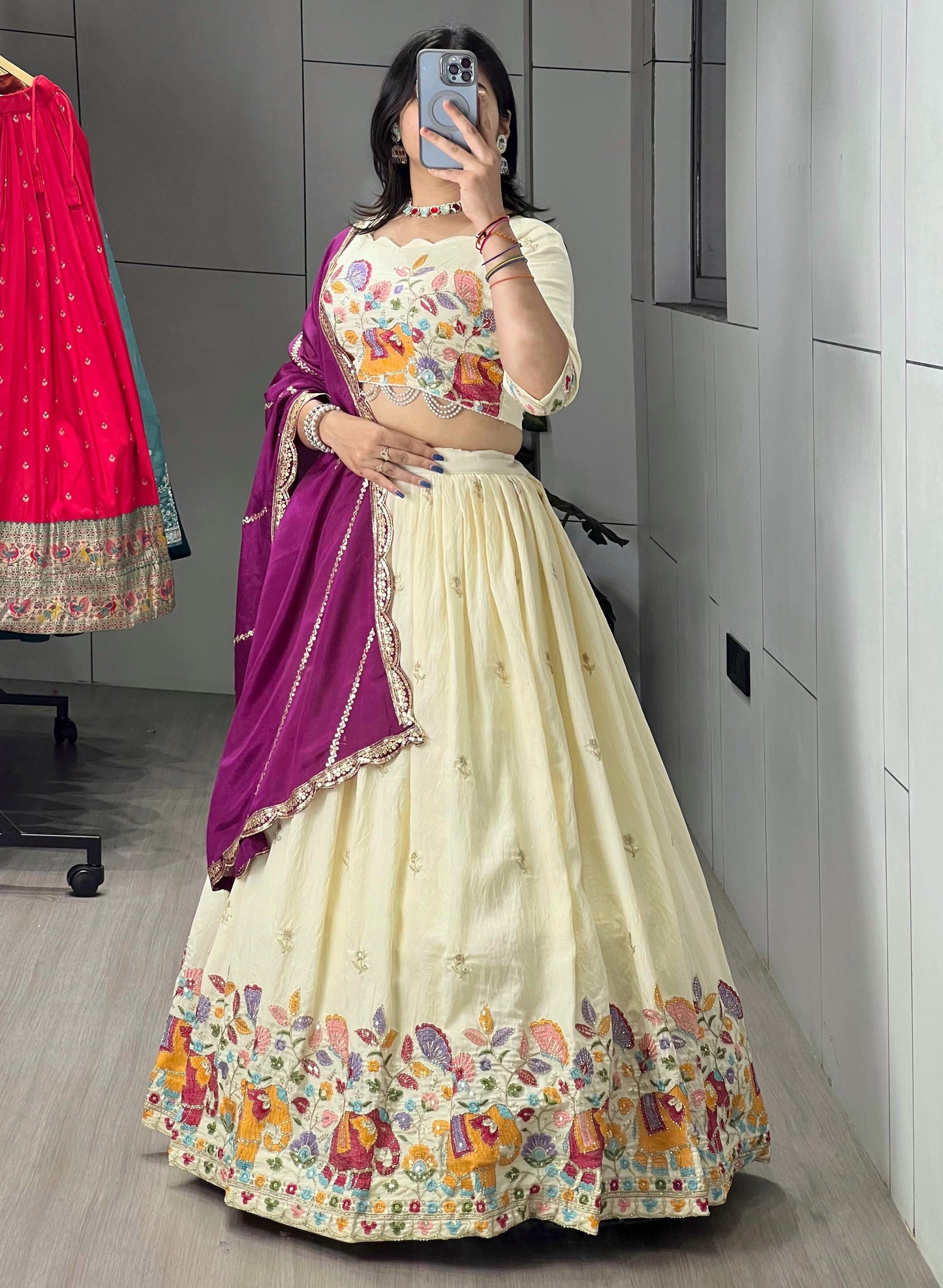 Marvelous Cream Silk Zari Work Lehenga With Purple Dupatta