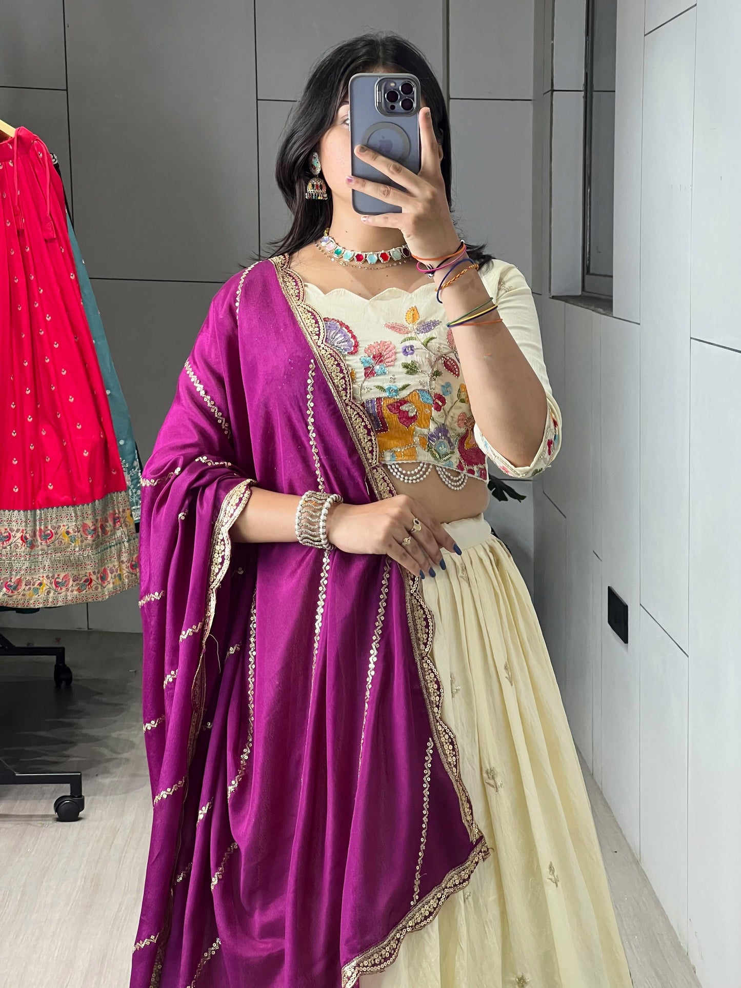 Marvelous Cream Silk Zari Work Lehenga With Purple Dupatta