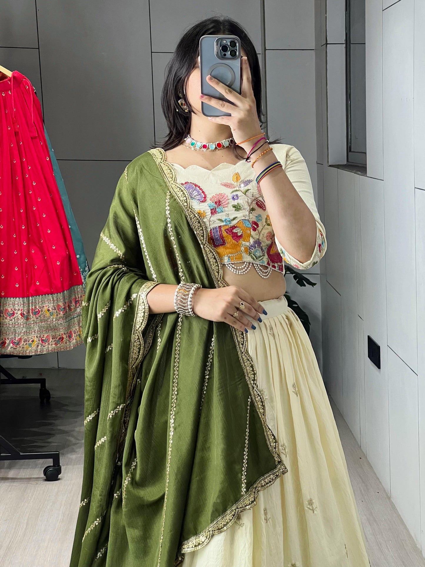 Marvelous Cream Embroidery Silk Lehenga Choli With Green Dupatta