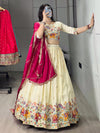 Glamorous Cream Silk Lehenga Choli With Pink Dupatta