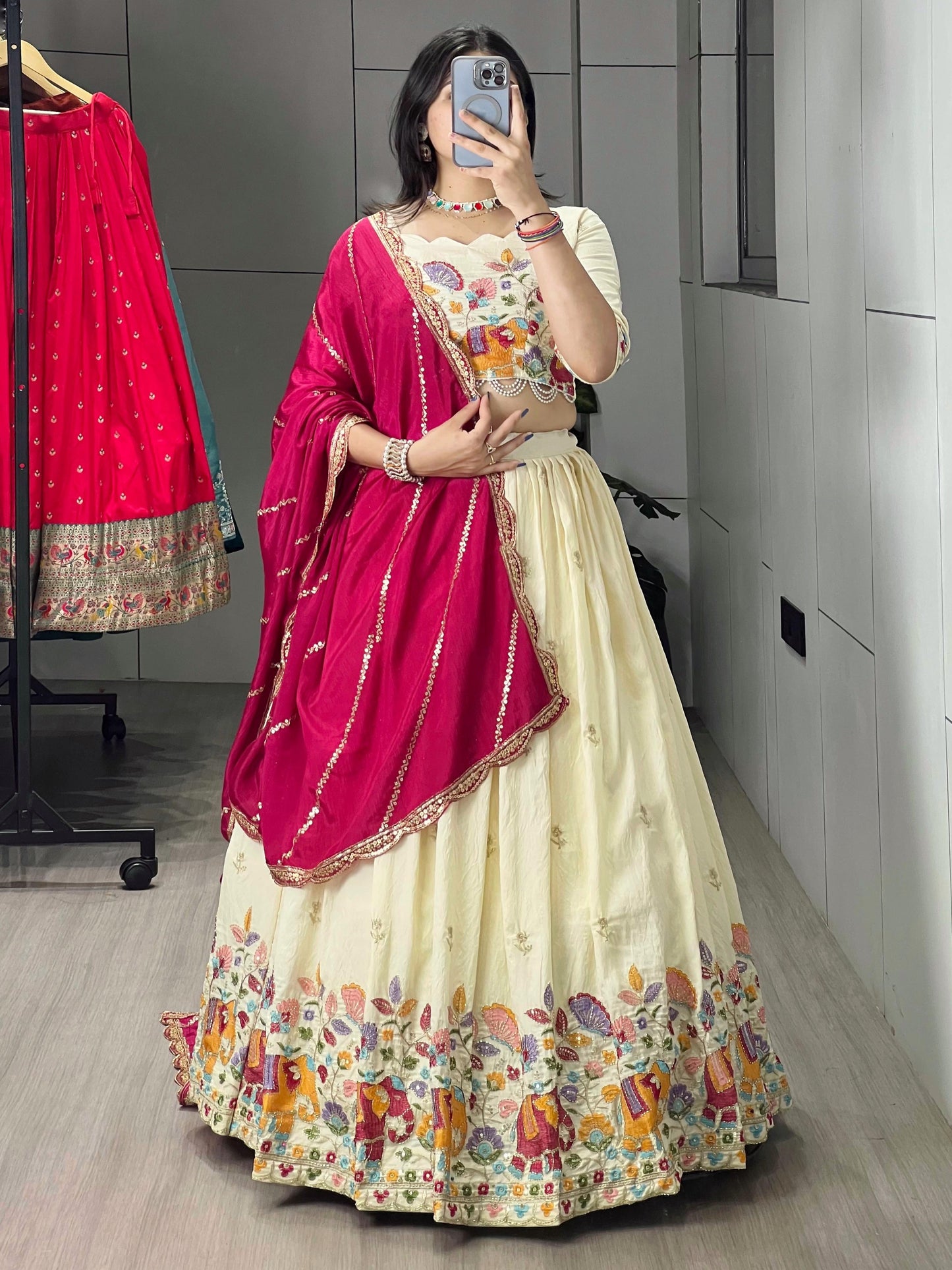 Glamorous Cream Silk Lehenga Choli With Pink Dupatta