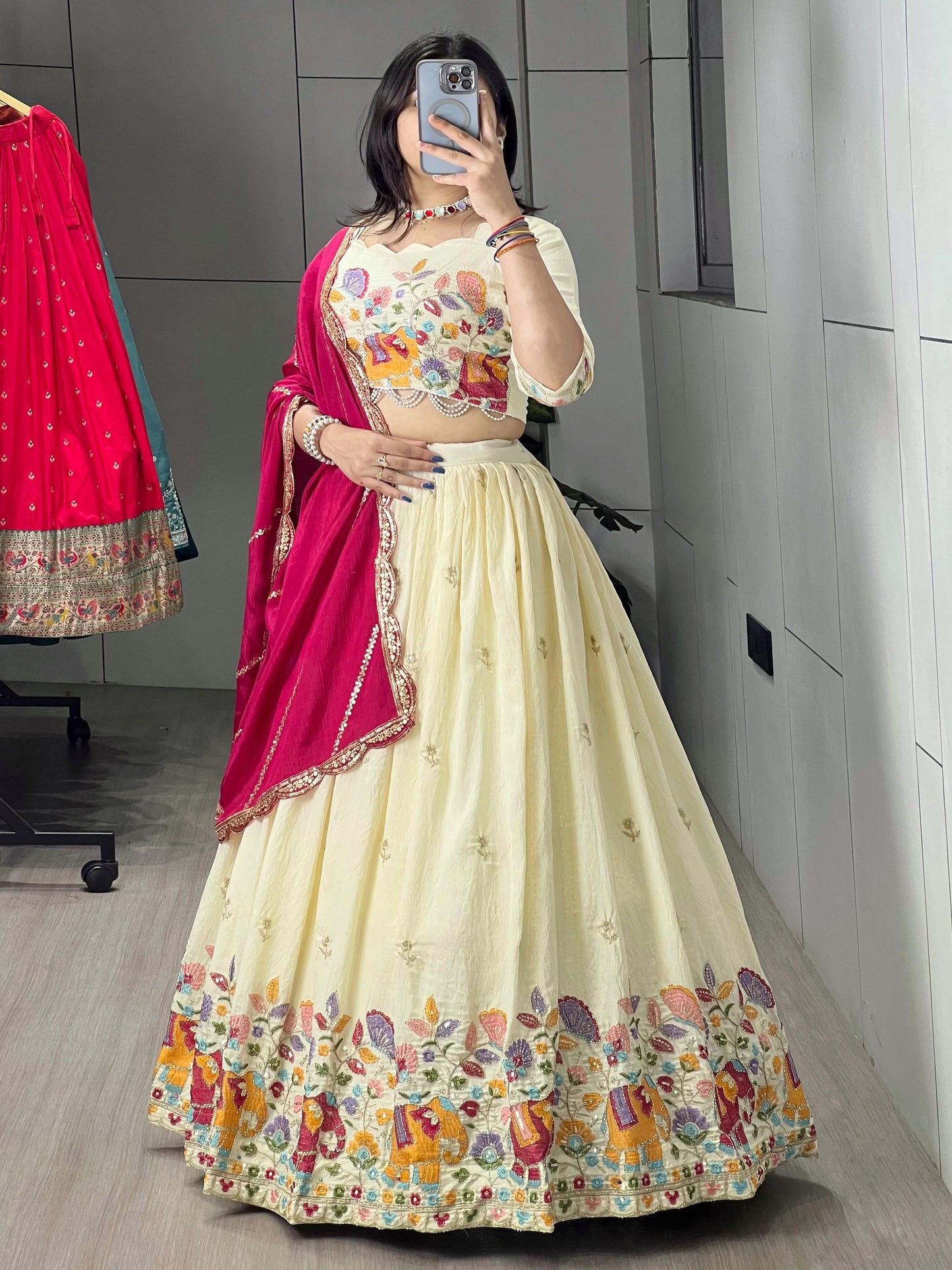 Glamorous Cream Silk Lehenga Choli With Pink Dupatta