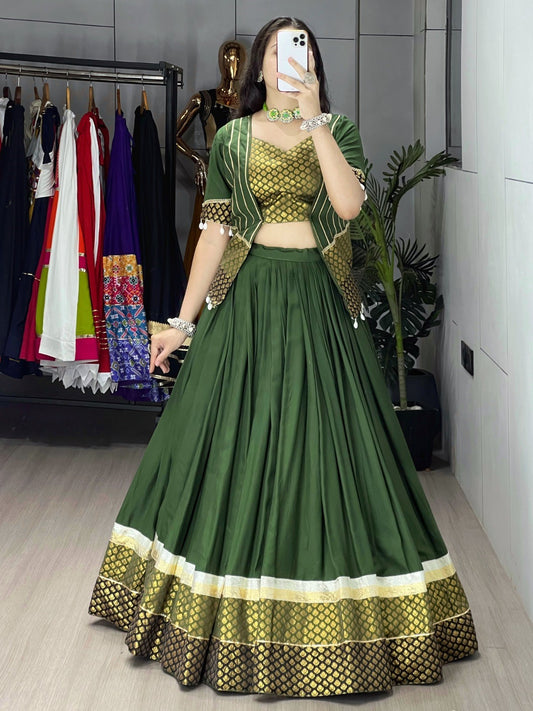 Traditional Green Plain Cotton Navratri Lehenga Choli With Jacket
