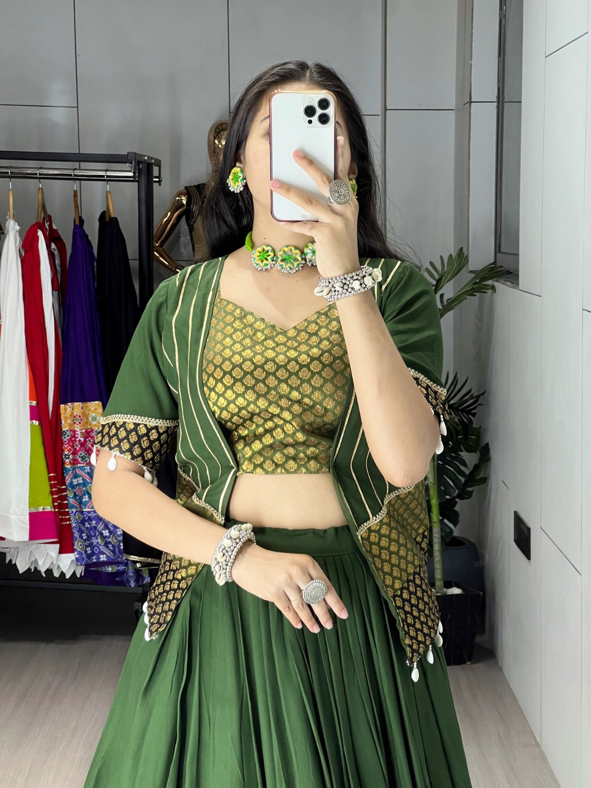 Traditional Green Plain Cotton Navratri Lehenga Choli With Jacket