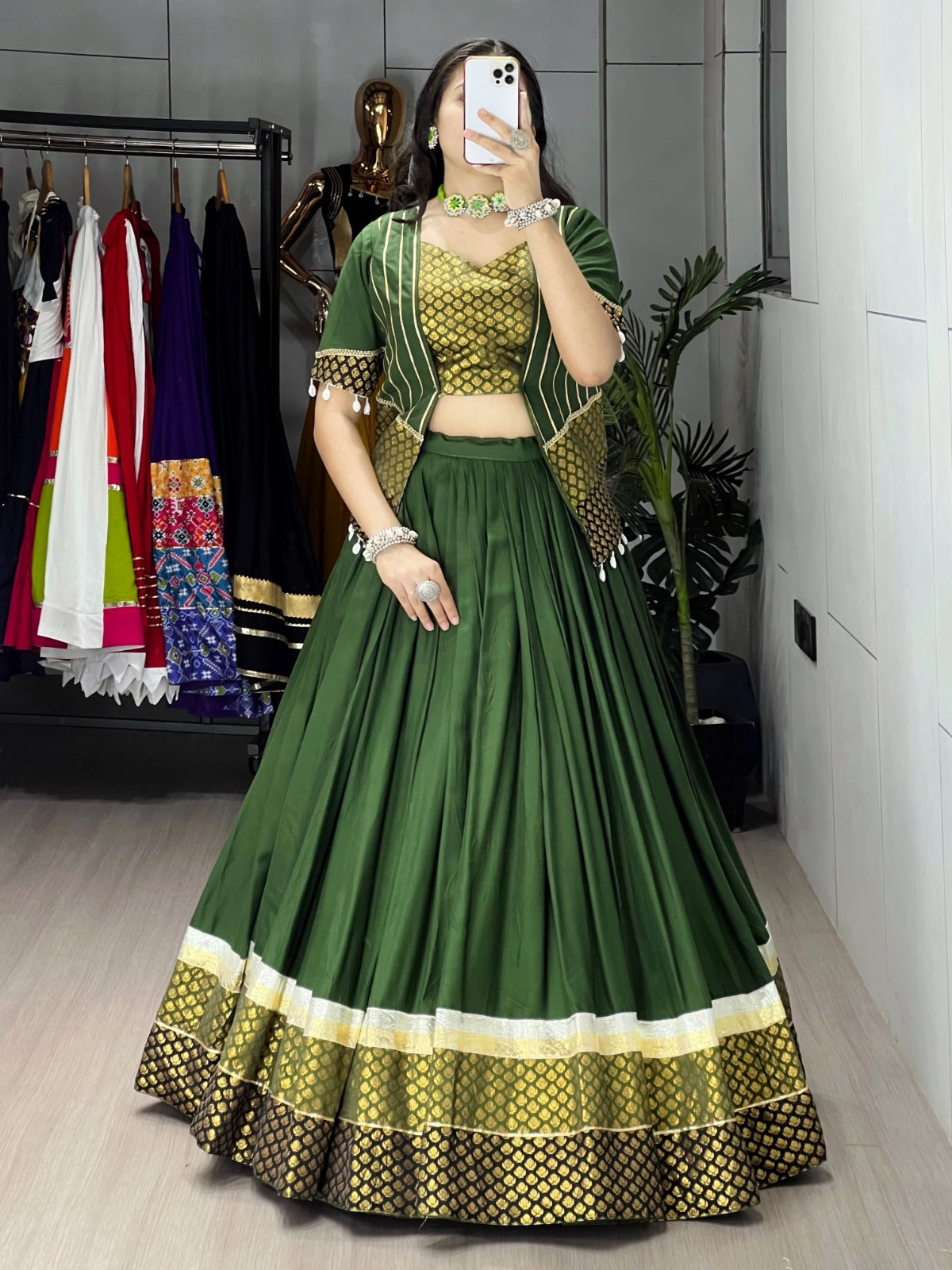 Traditional Green Plain Cotton Navratri Lehenga Choli With Jacket