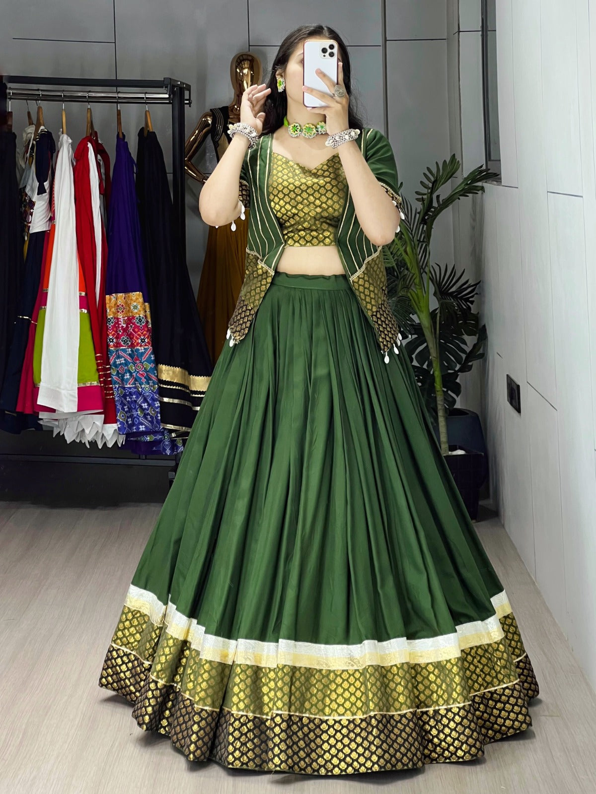Traditional Green Plain Cotton Navratri Lehenga Choli With Jacket
