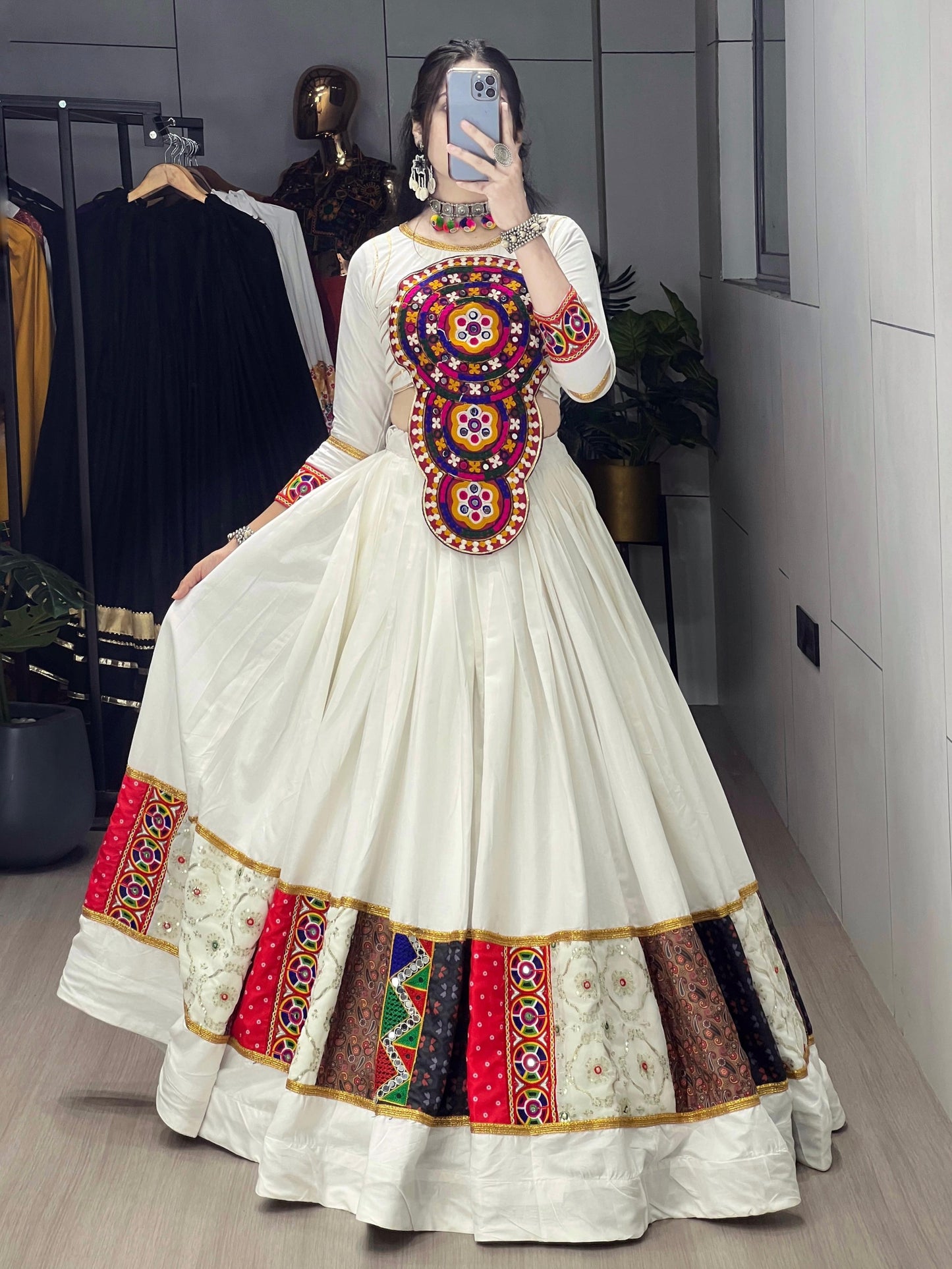Precious White Embroidered Cotton Navratri Lehenga Choli