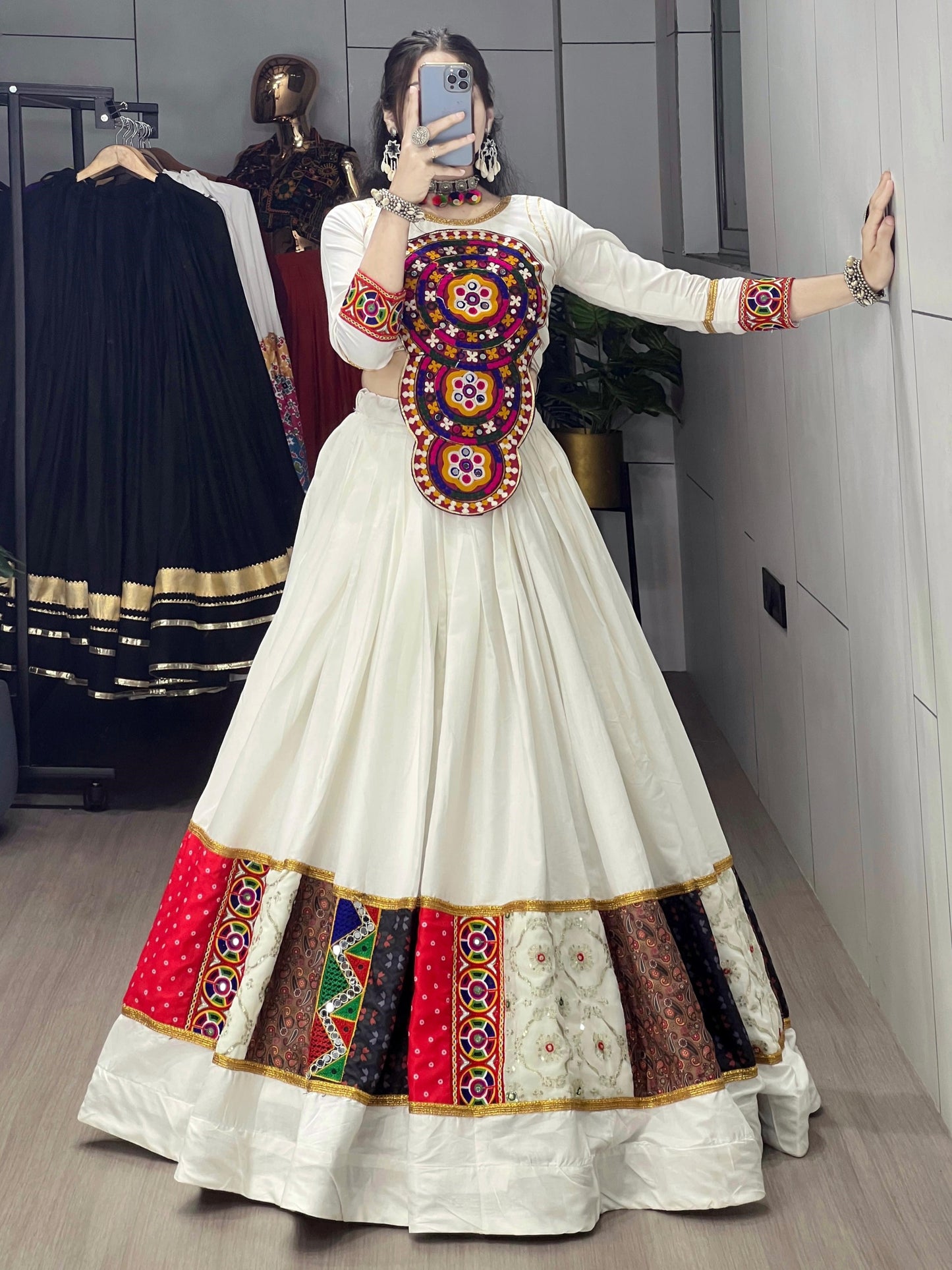 Precious White Embroidered Cotton Navratri Lehenga Choli