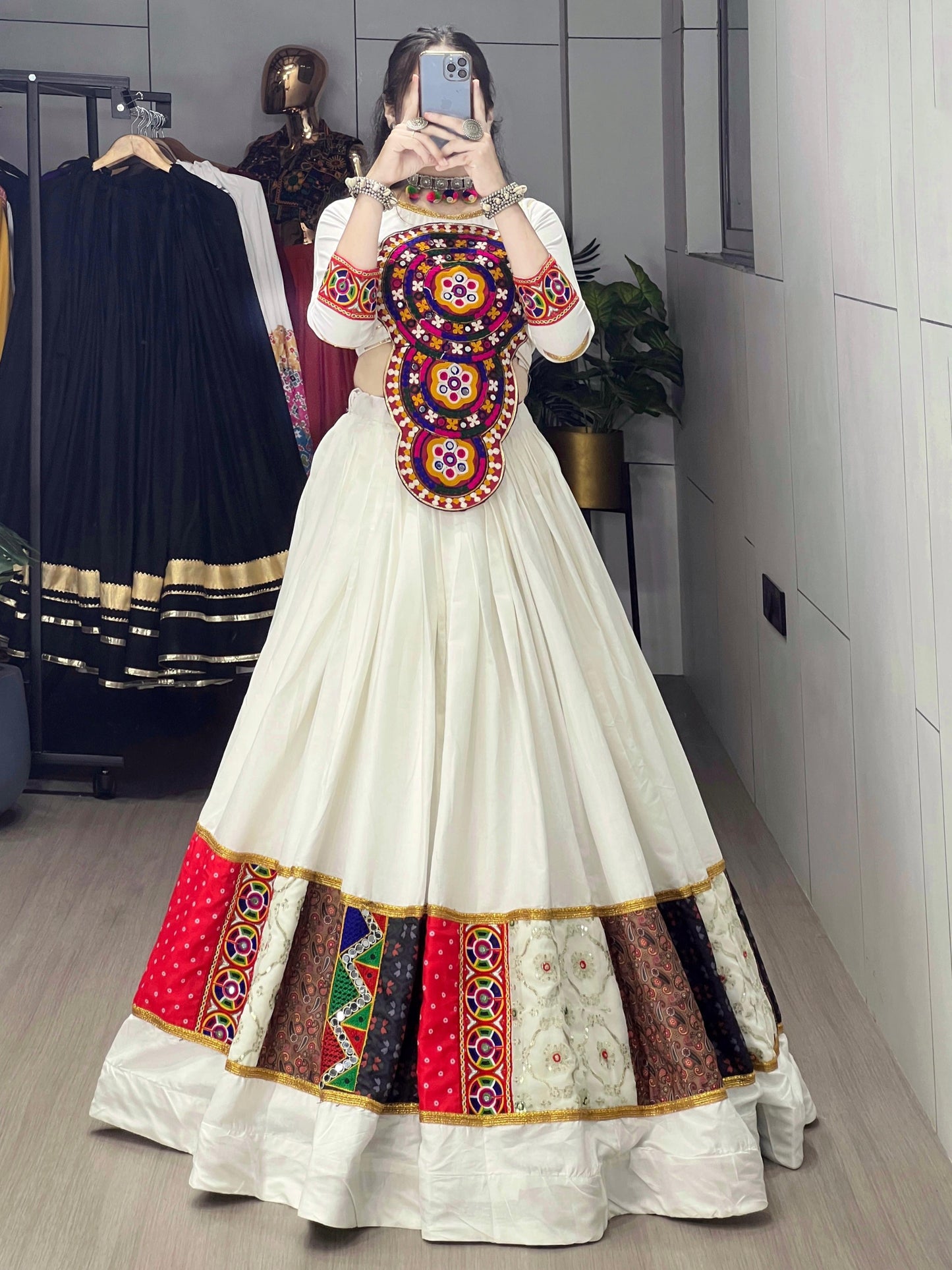 Precious White Embroidered Cotton Navratri Lehenga Choli