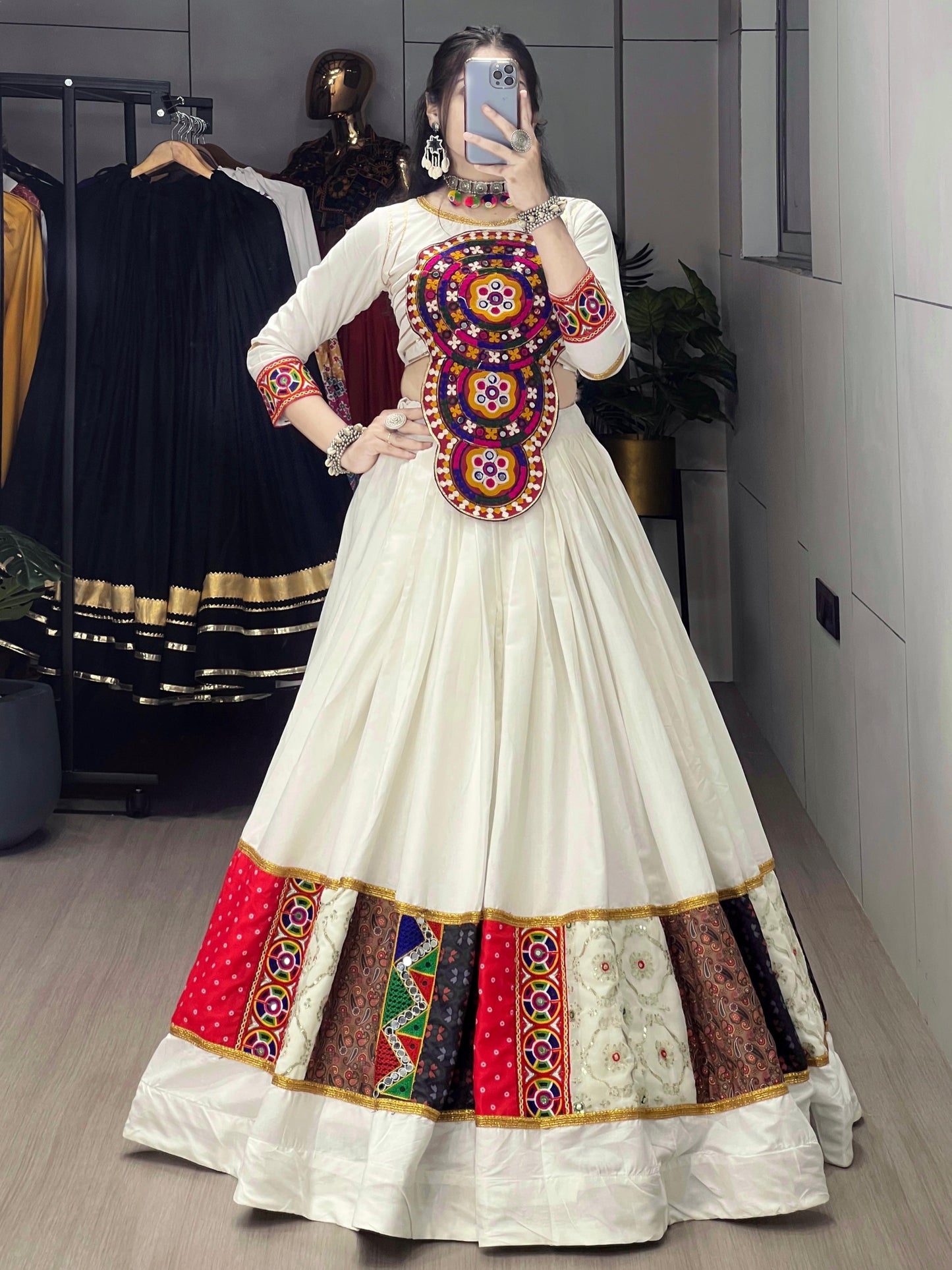 Precious White Embroidered Cotton Navratri Lehenga Choli