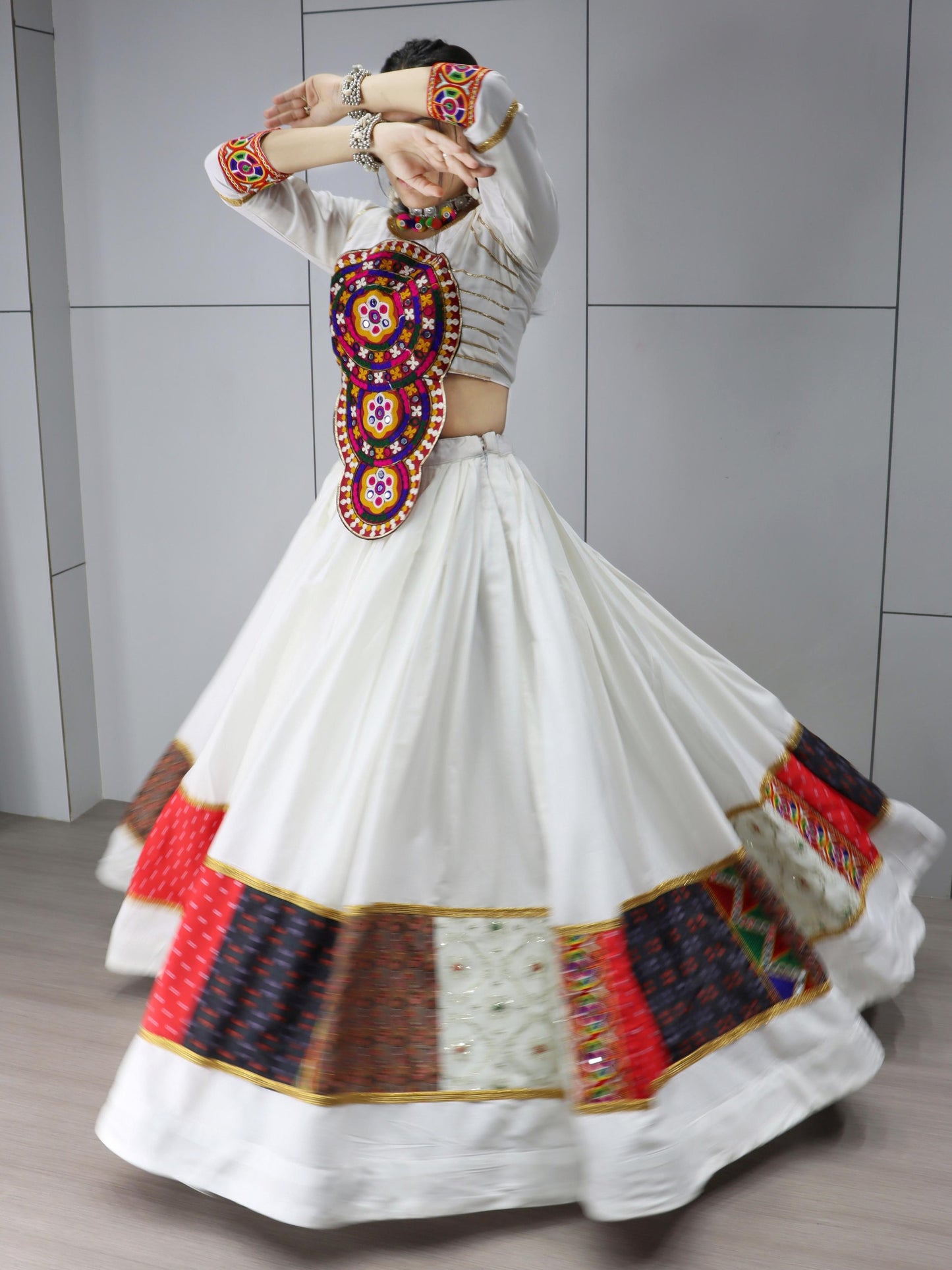 Precious White Embroidered Cotton Navratri Lehenga Choli