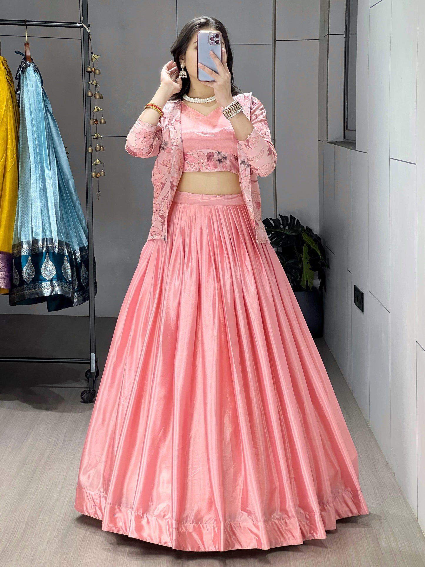 Dazzling Pink Chinon Wedding Crop Top Lehenga With Jacket