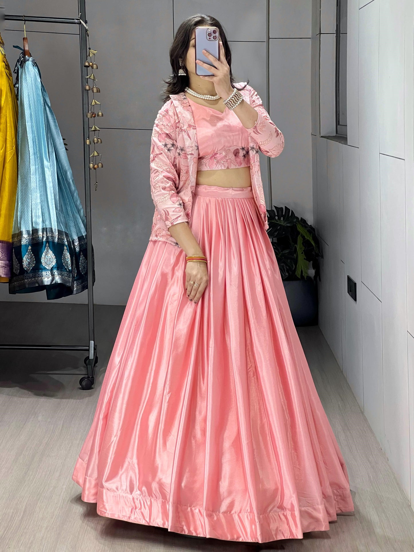 Dazzling Pink Chinon Wedding Crop Top Lehenga With Jacket