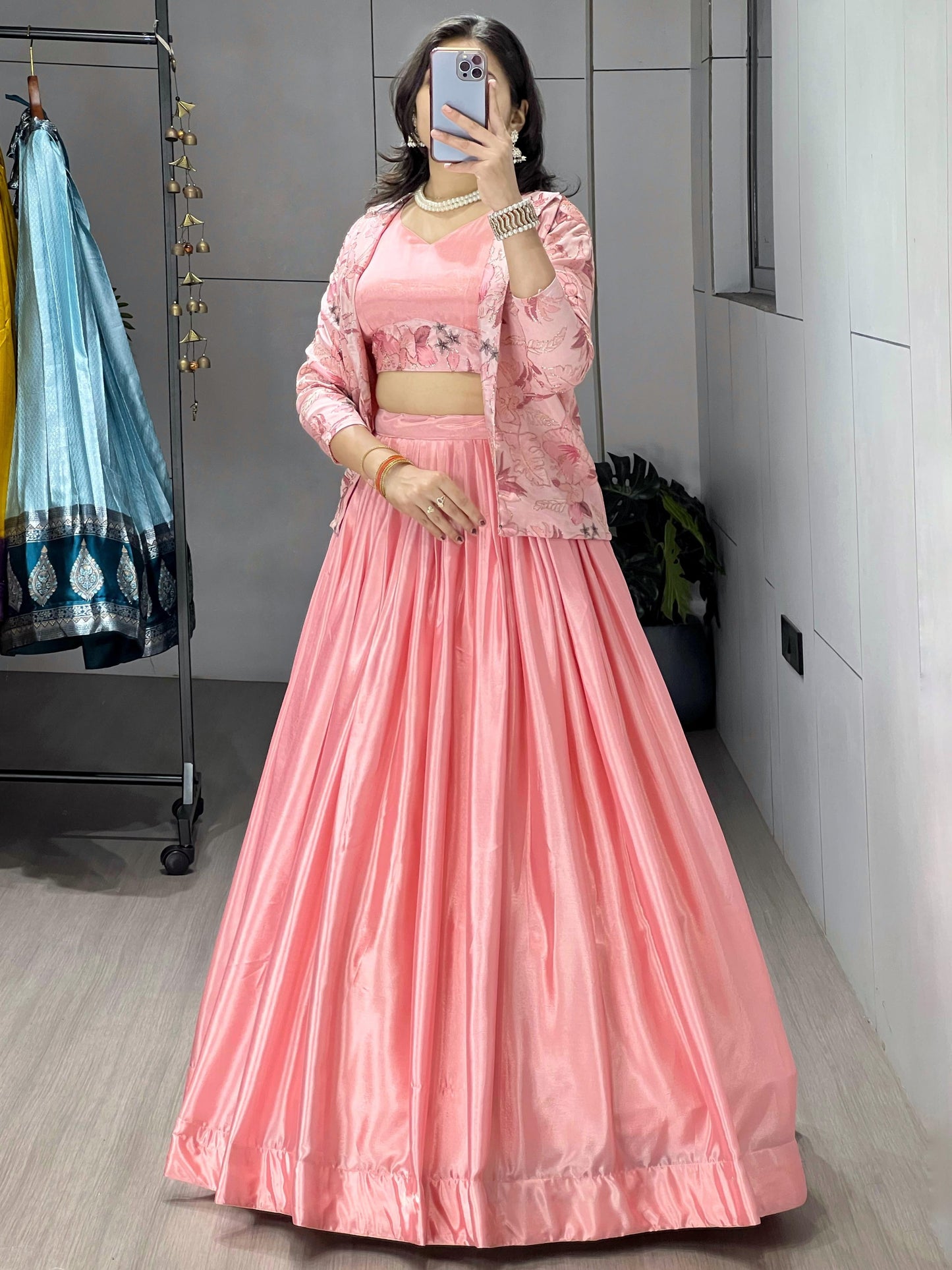 Dazzling Pink Chinon Wedding Crop Top Lehenga With Jacket