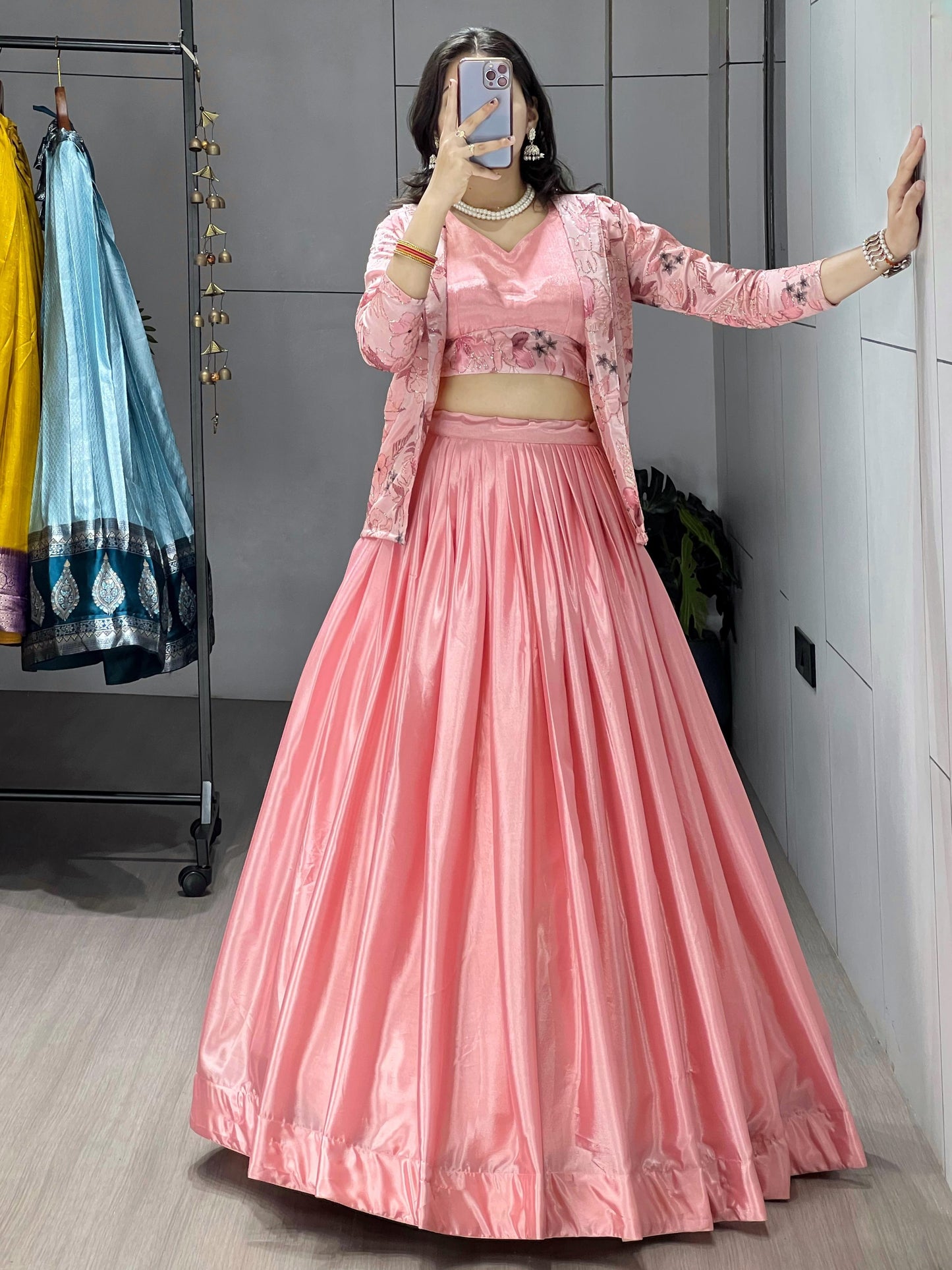 Dazzling Pink Chinon Wedding Crop Top Lehenga With Jacket