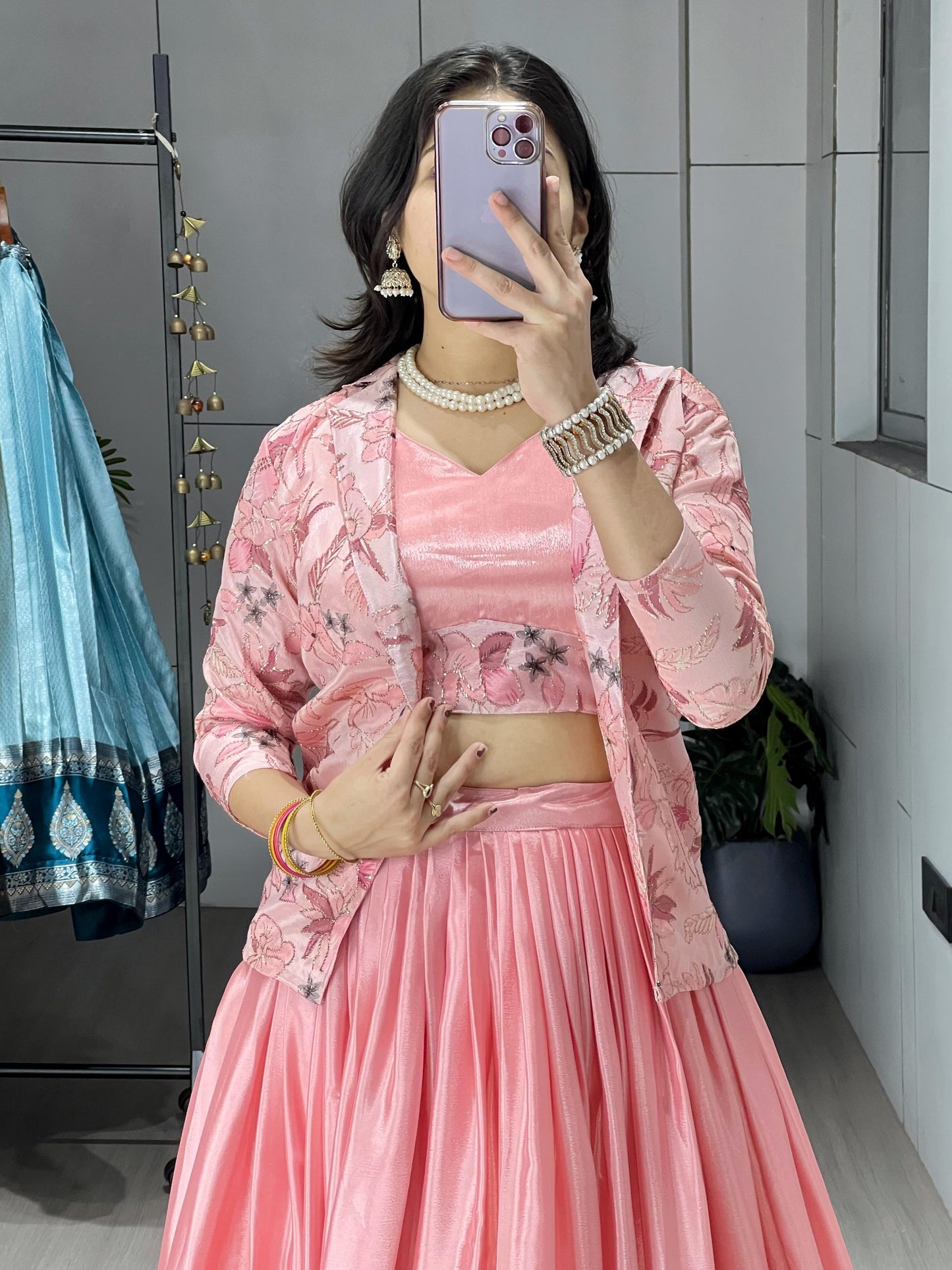 Dazzling Pink Chinon Wedding Crop Top Lehenga With Jacket