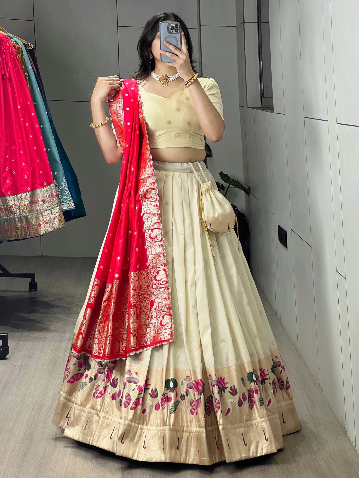 Astonishing Cream Paithani Silk Lehenga Choli With Red Dupatta