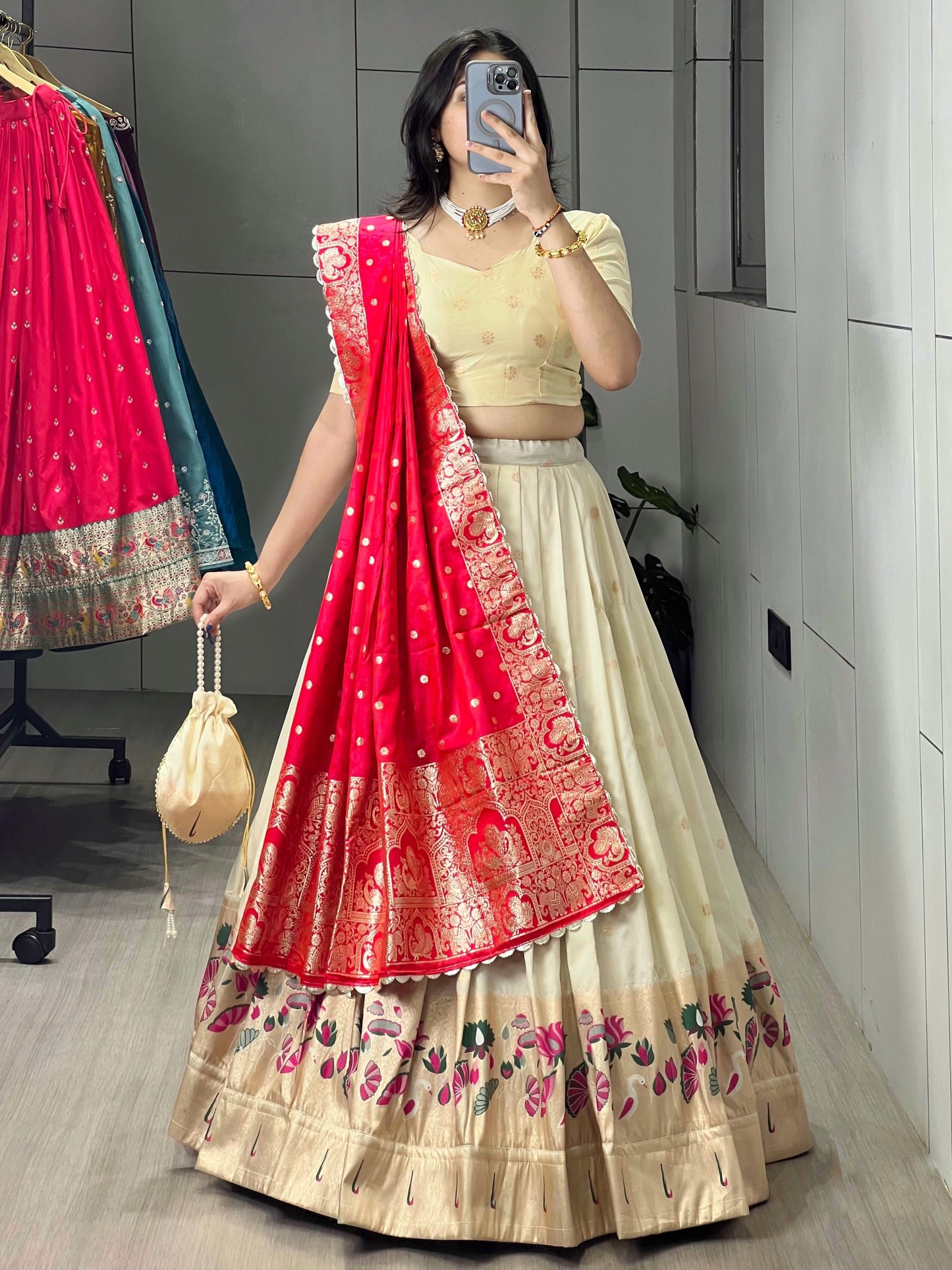 Astonishing Cream Paithani Silk Lehenga Choli With Red Dupatta