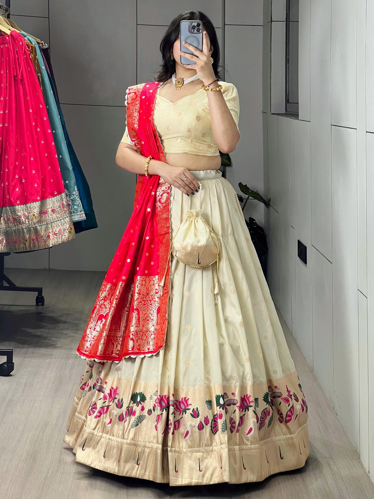 Astonishing Cream Paithani Silk Lehenga Choli With Red Dupatta