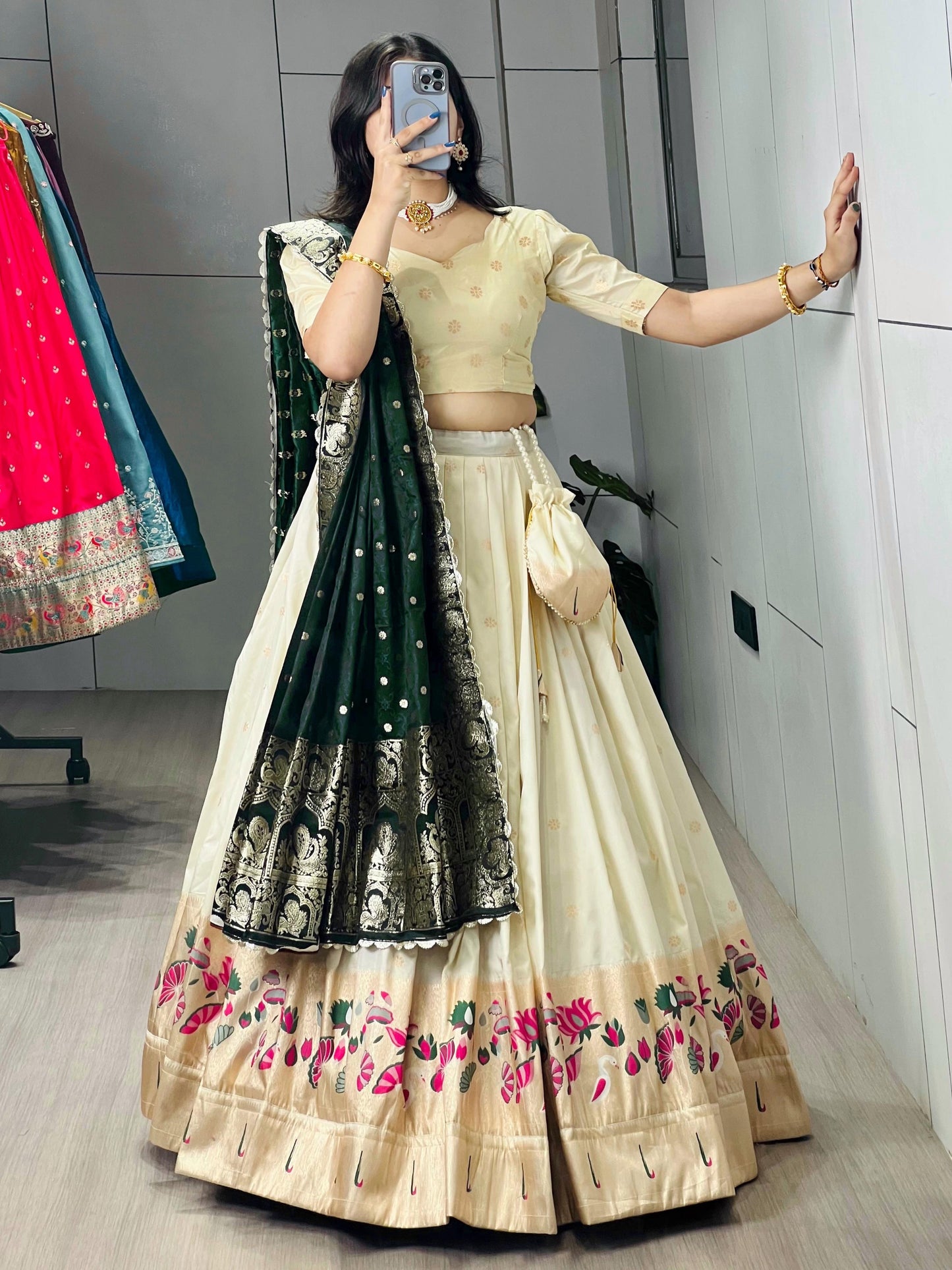 Attractive Cream Zari Weaving Paithani Silk Lehenga Choli