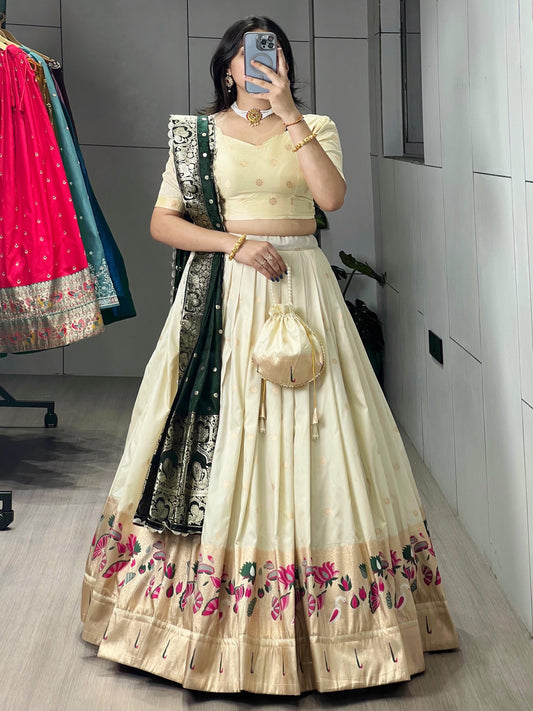 Attractive Cream Zari Weaving Paithani Silk Lehenga Choli