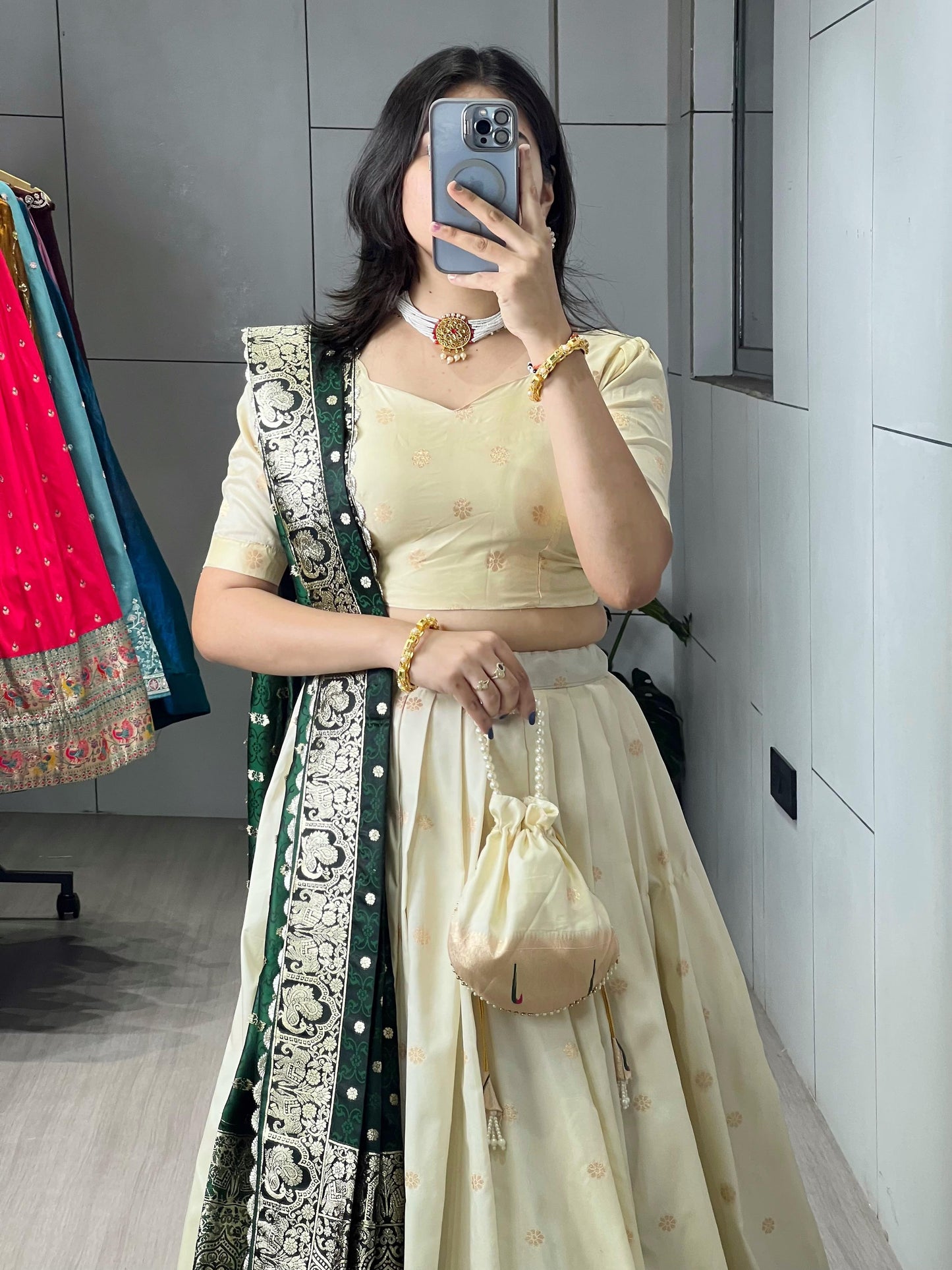 Attractive Cream Zari Weaving Paithani Silk Lehenga Choli