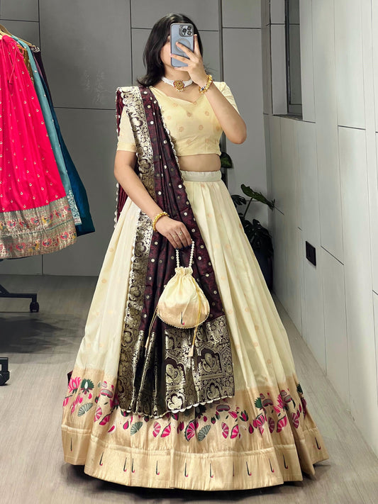 Marvelous Cream Paithani Silk Lehenga Choli With Brown Dupatta